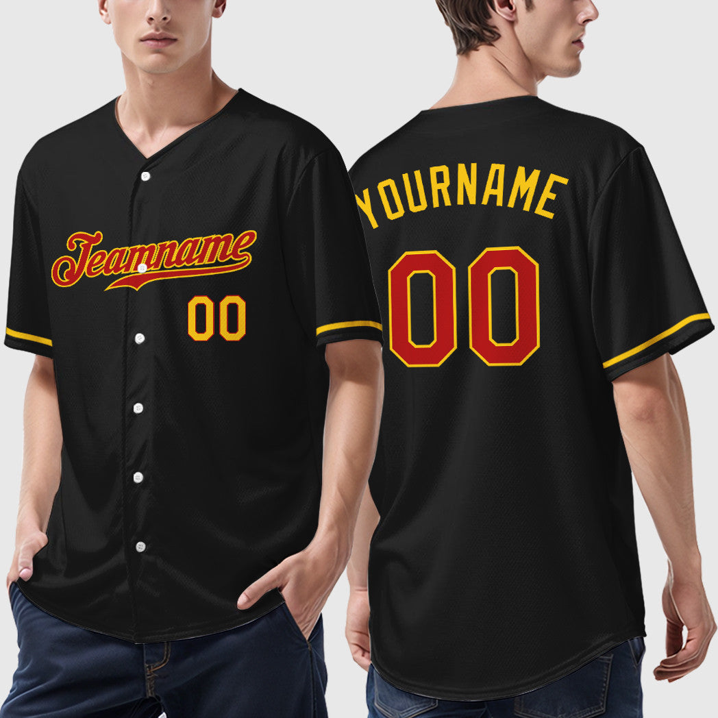 Custom Black Red Red-Yellow Baseball Jersey