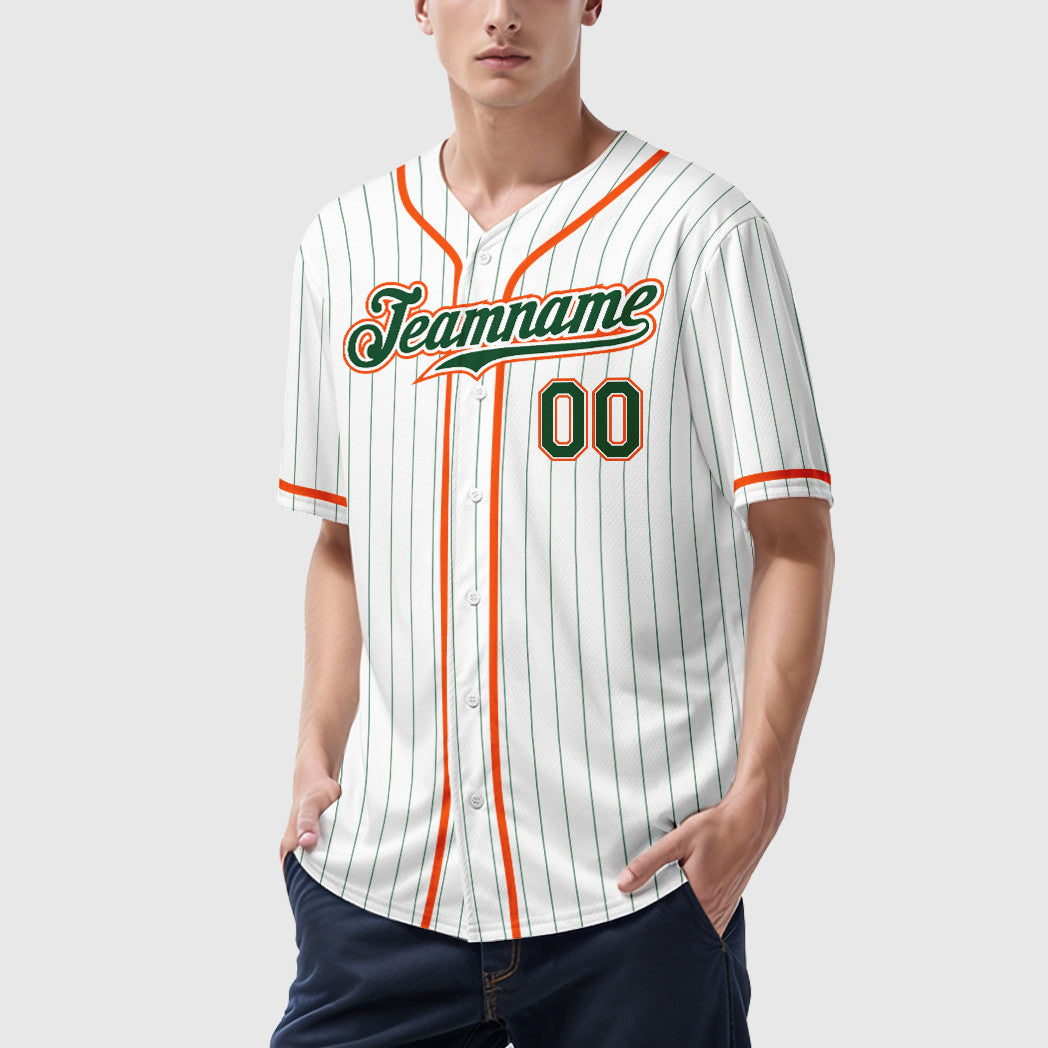 Custom White Green Green-Orange Piping Pinstripe Baseball Jersey