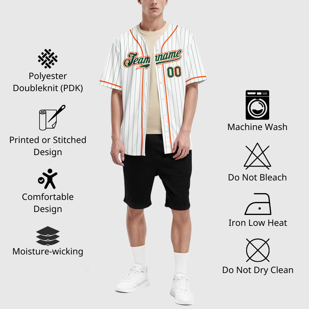 Custom White Green Green-Orange Piping Pinstripe Baseball Jersey