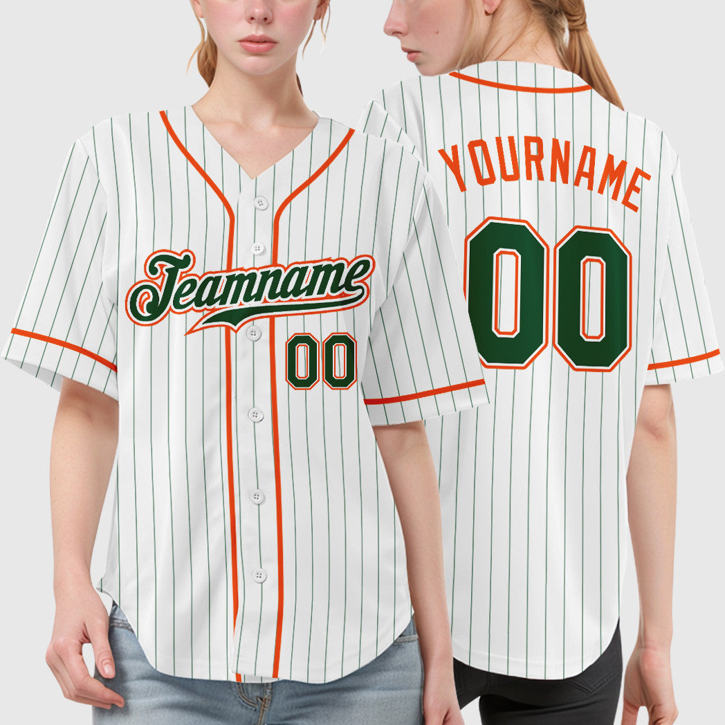 Custom White Green Green-Orange Piping Pinstripe Baseball Jersey