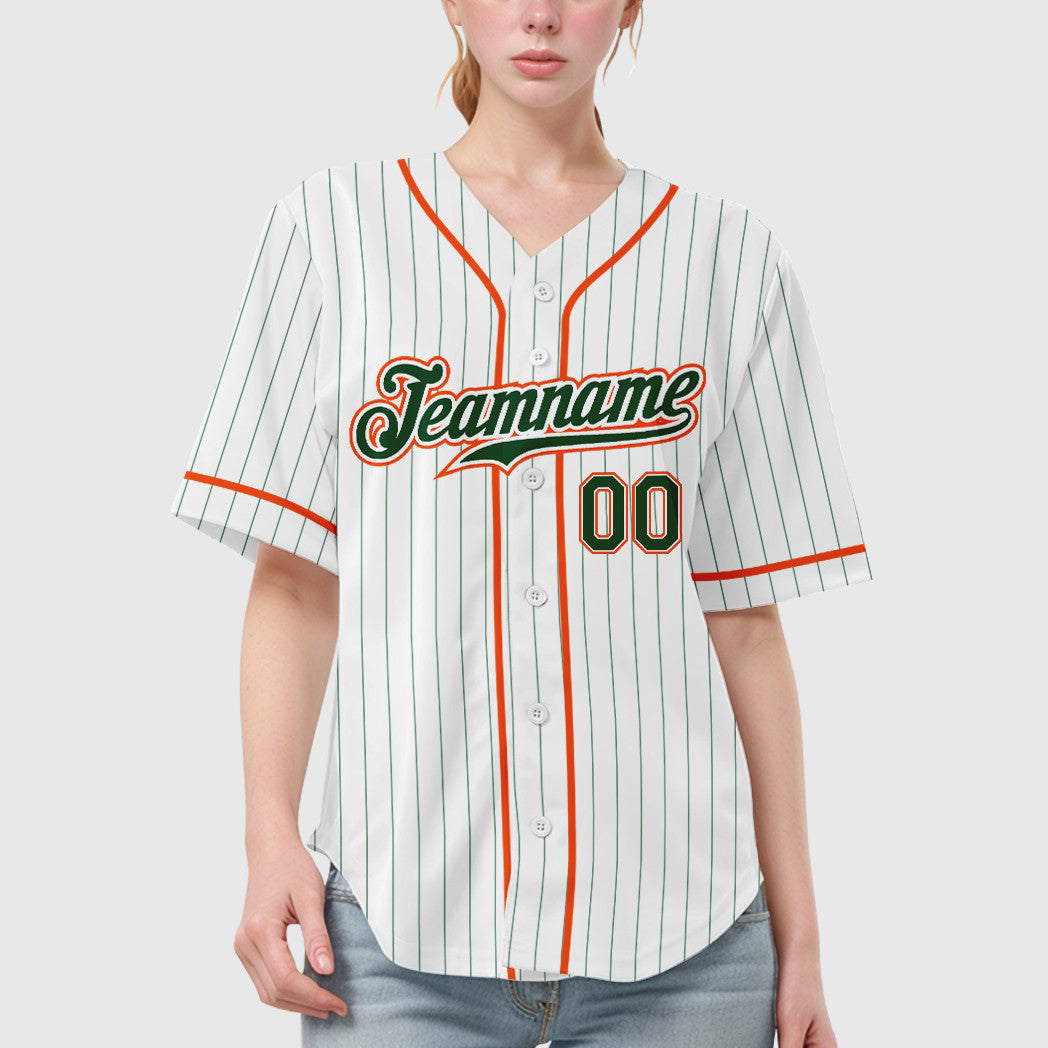 Custom White Green Green-Orange Piping Pinstripe Baseball Jersey