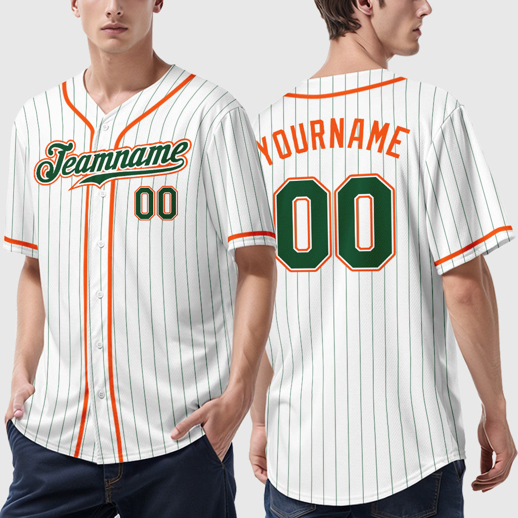 Custom White Green Green-Orange Piping Pinstripe Baseball Jersey