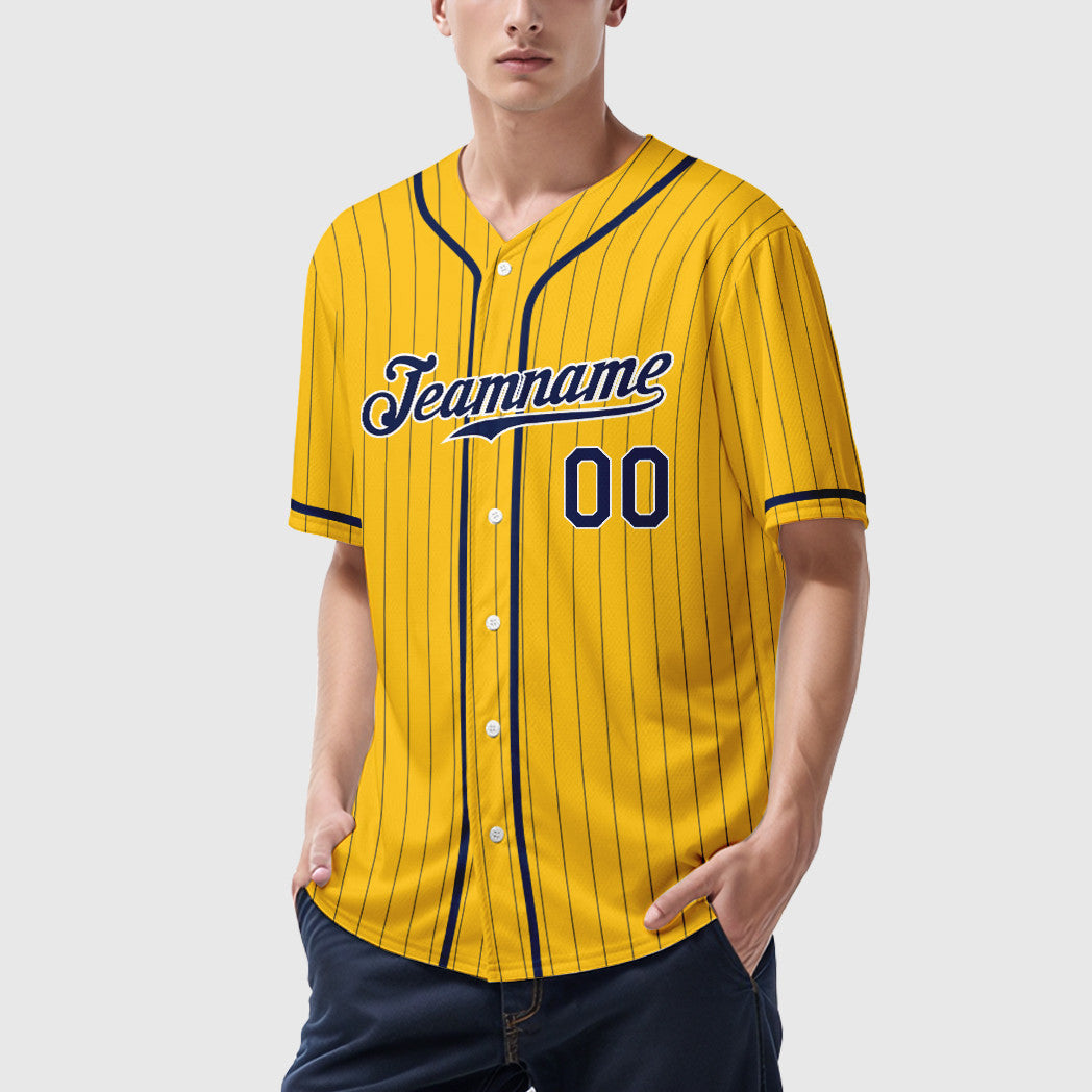 Custom Yellow Navy Navy-White Piping Pinstripe Baseball Jersey