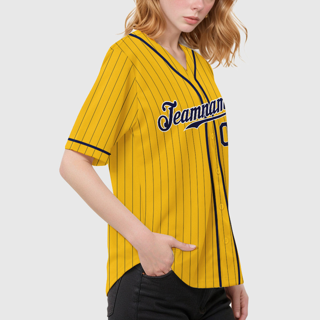 Custom Yellow Navy Navy-White Piping Pinstripe Baseball Jersey
