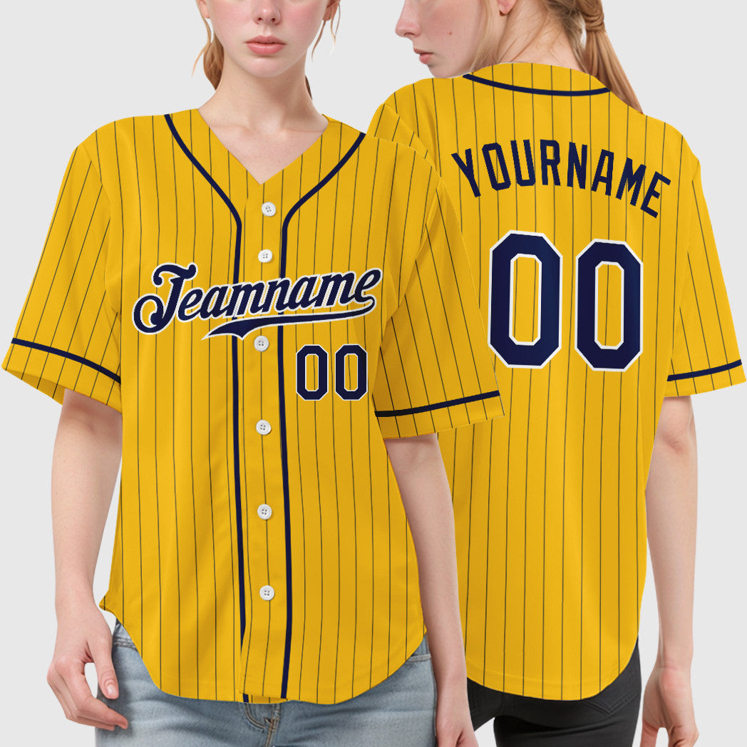 Custom Yellow Navy Navy-White Piping Pinstripe Baseball Jersey