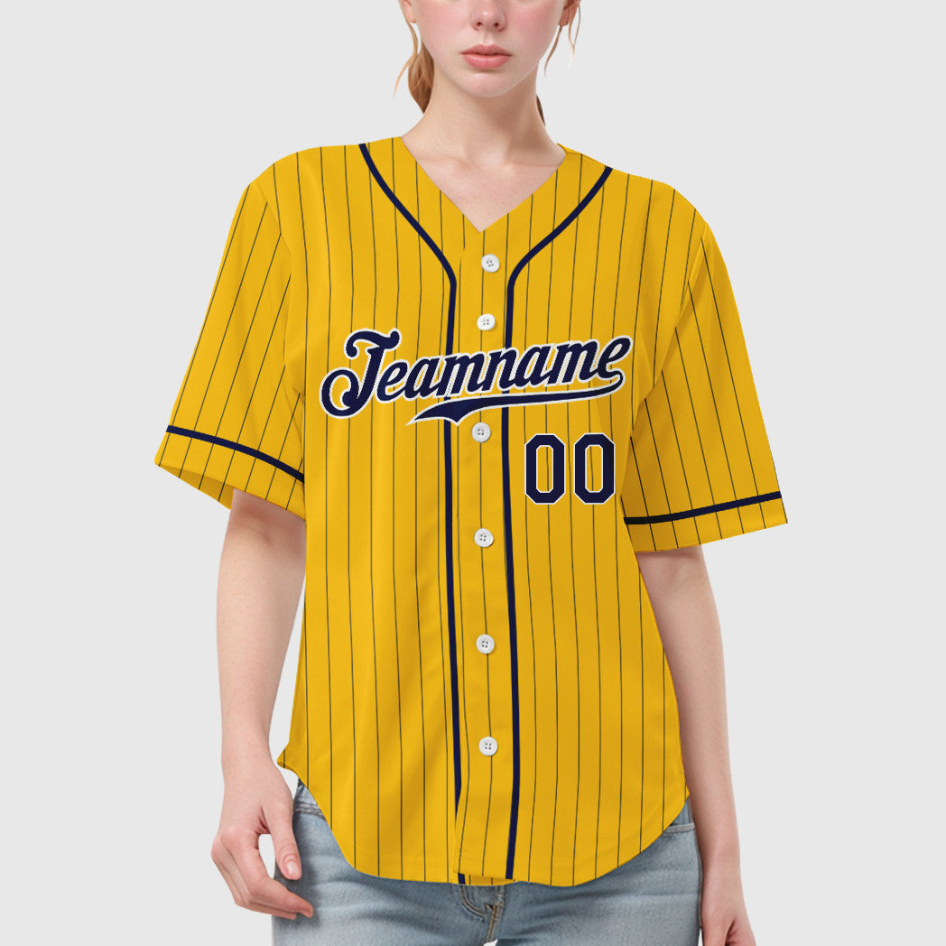 Custom Yellow Navy Navy-White Piping Pinstripe Baseball Jersey