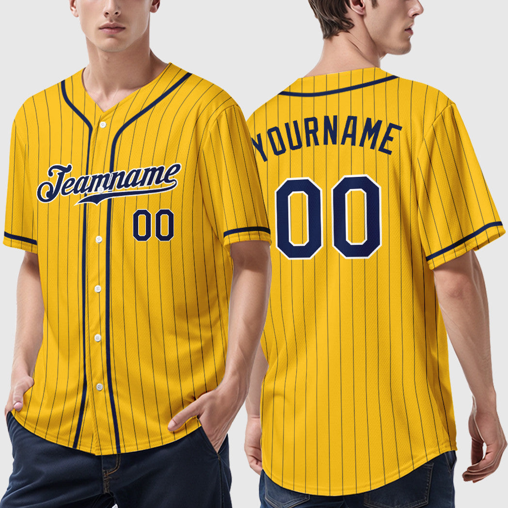 Custom Yellow Navy Navy-White Piping Pinstripe Baseball Jersey