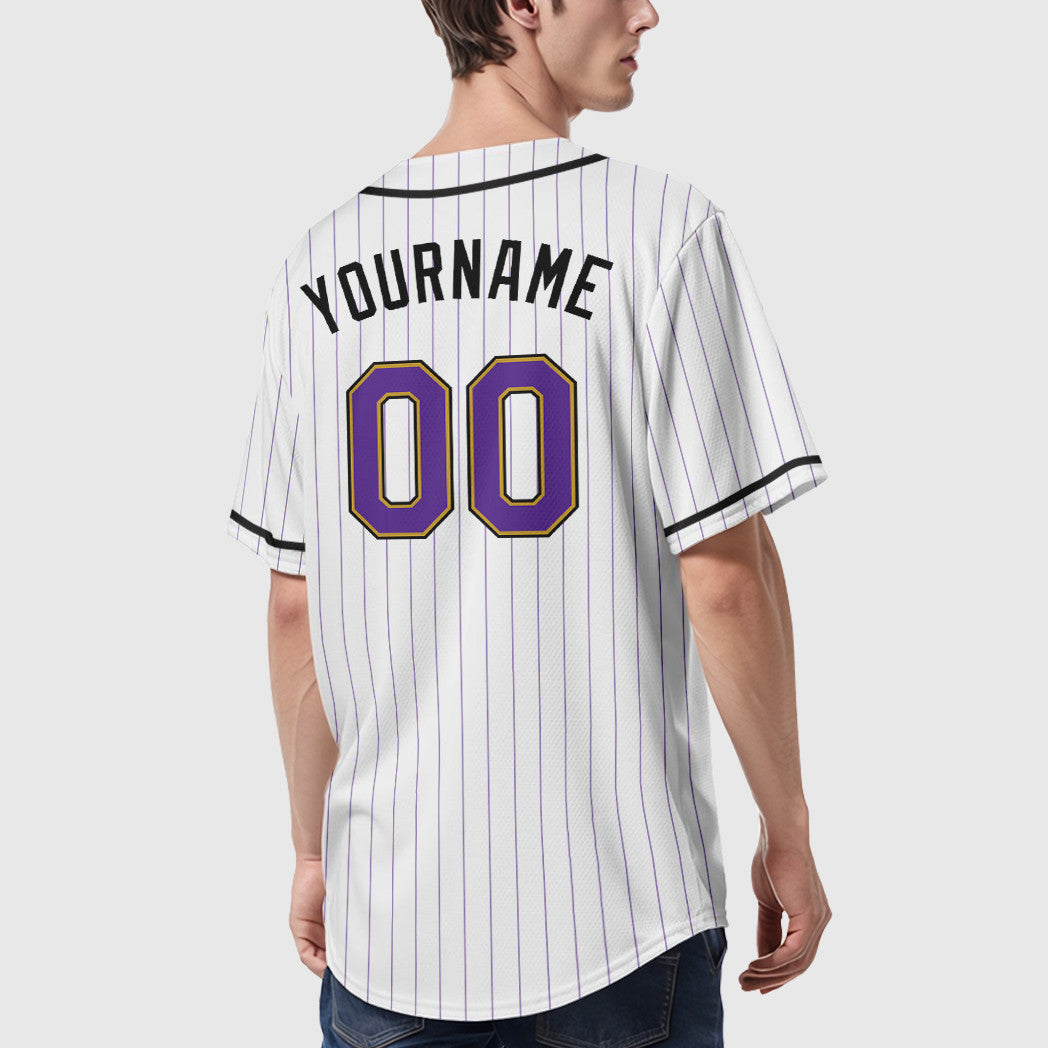 Custom White Purple Purple Old Gold-Black Piping Pinstripe Baseball Jersey