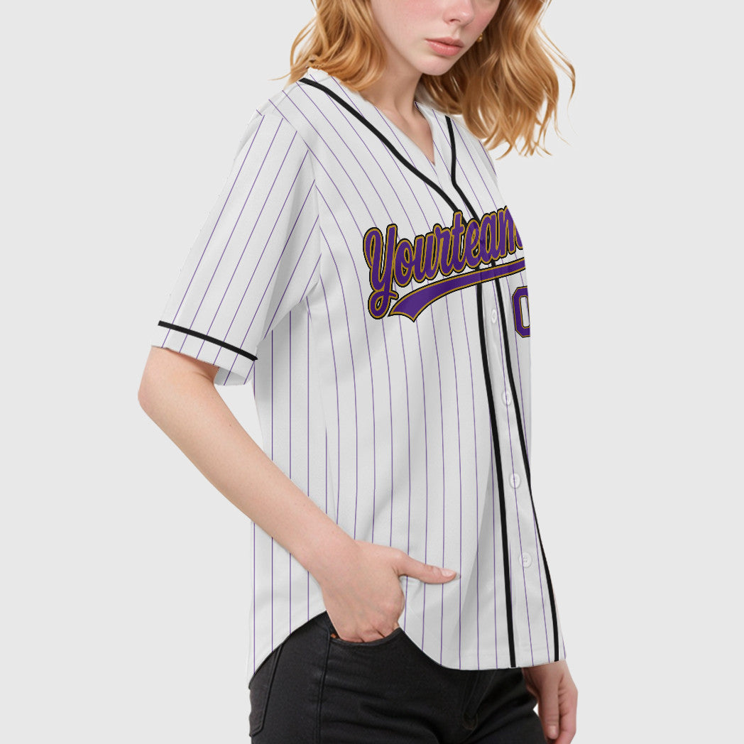 Custom White Purple Purple Old Gold-Black Piping Pinstripe Baseball Jersey