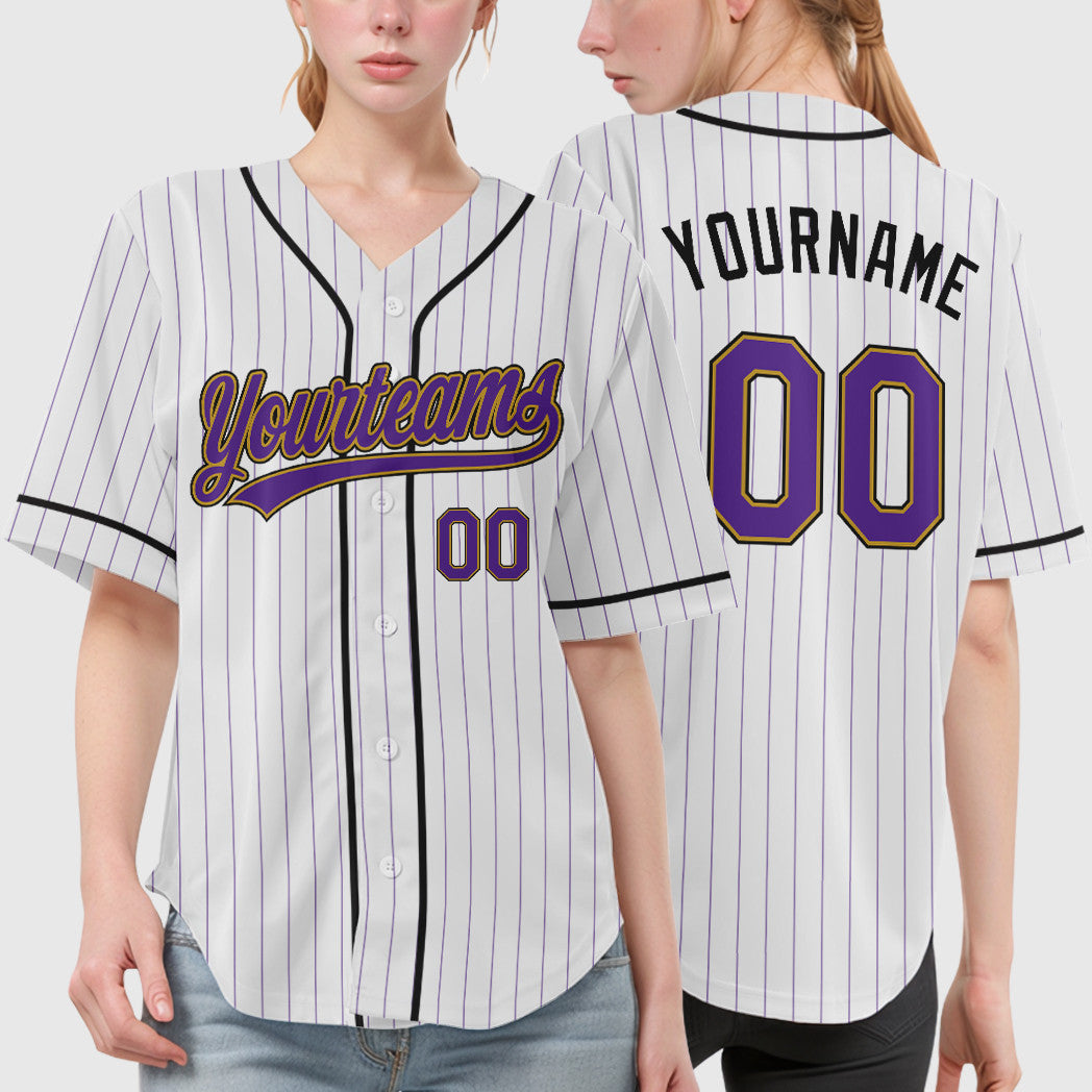 Custom White Purple Purple Old Gold-Black Piping Pinstripe Baseball Jersey