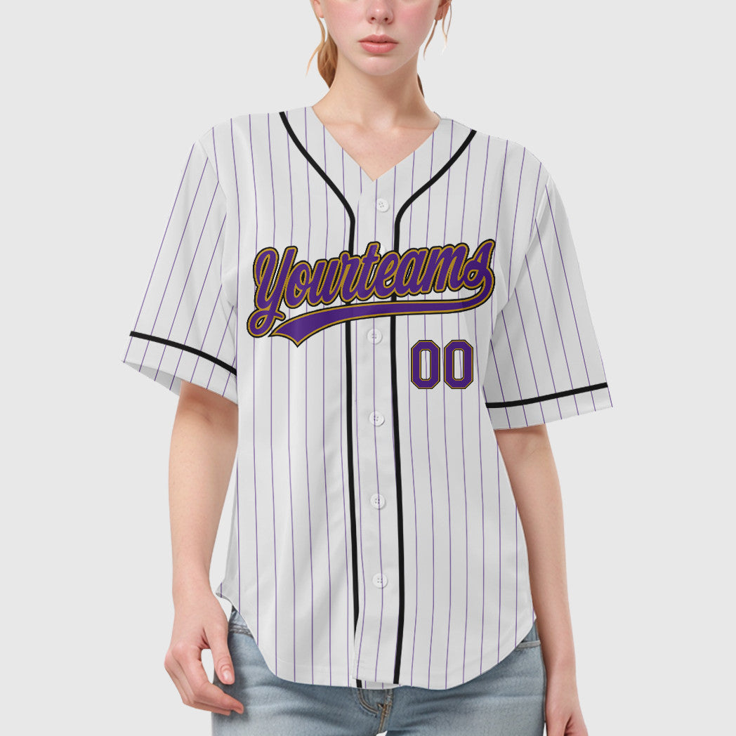 Custom White Purple Purple Old Gold-Black Piping Pinstripe Baseball Jersey