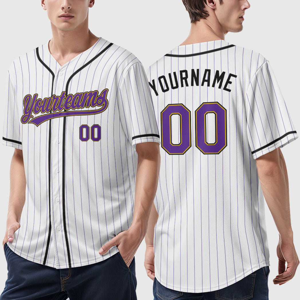 Custom White Purple Purple Old Gold-Black Piping Pinstripe Baseball Jersey