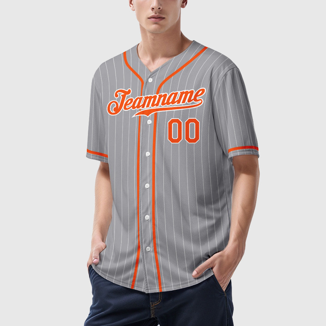 Custom Gray White Orange Piping Pinstripe Baseball Jersey