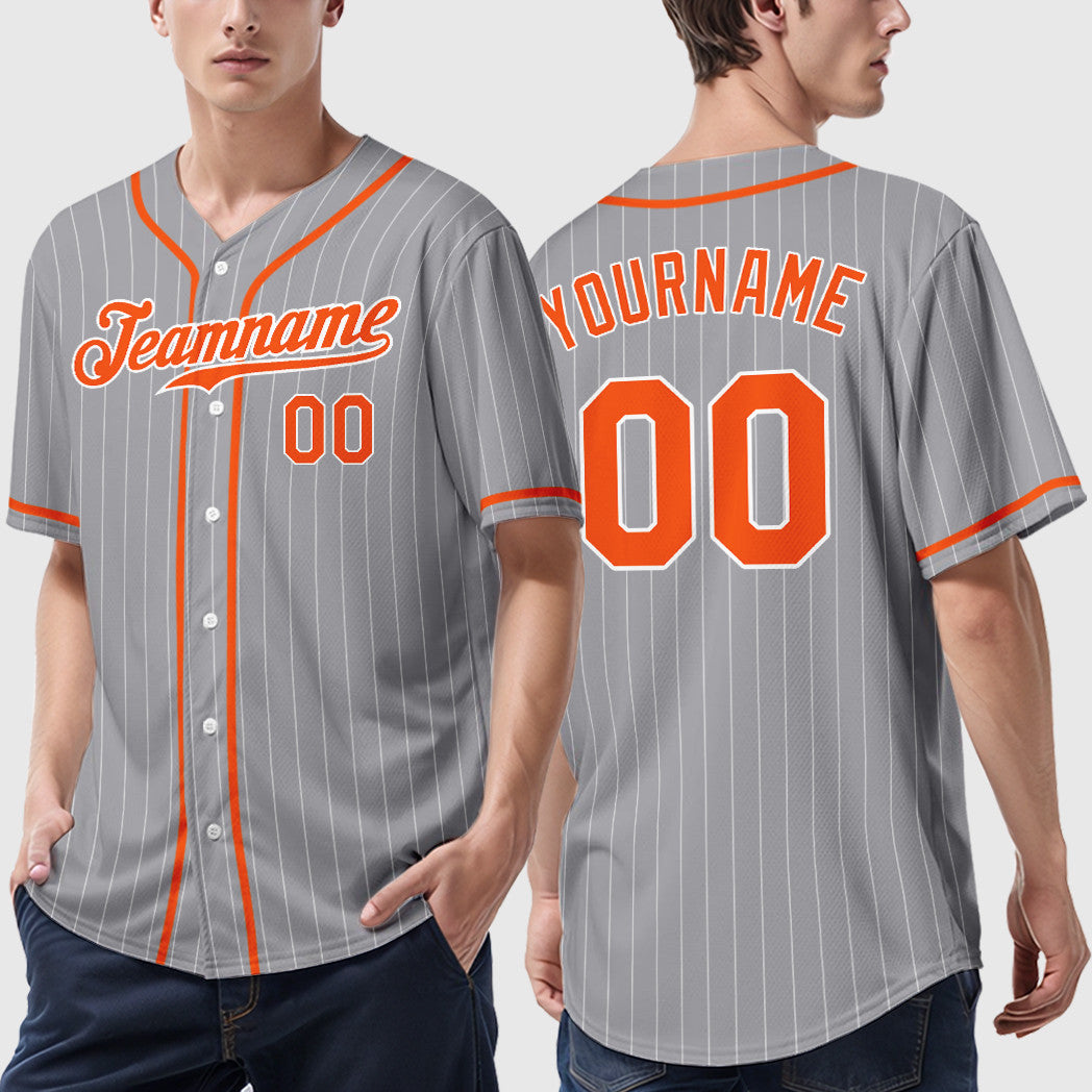 Custom Gray White Orange Piping Pinstripe Baseball Jersey