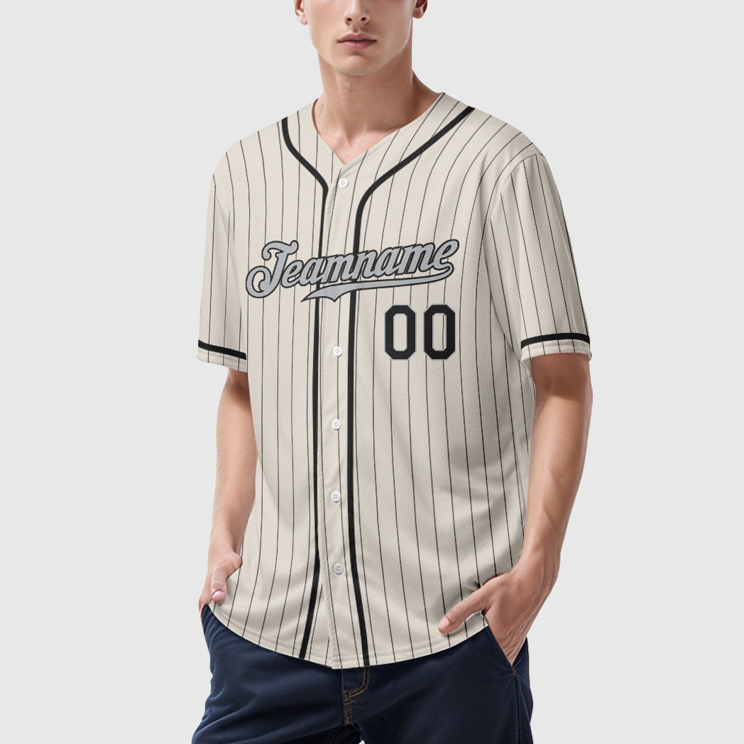Custom Cream Gray Black Piping Pinstripe Baseball Jersey