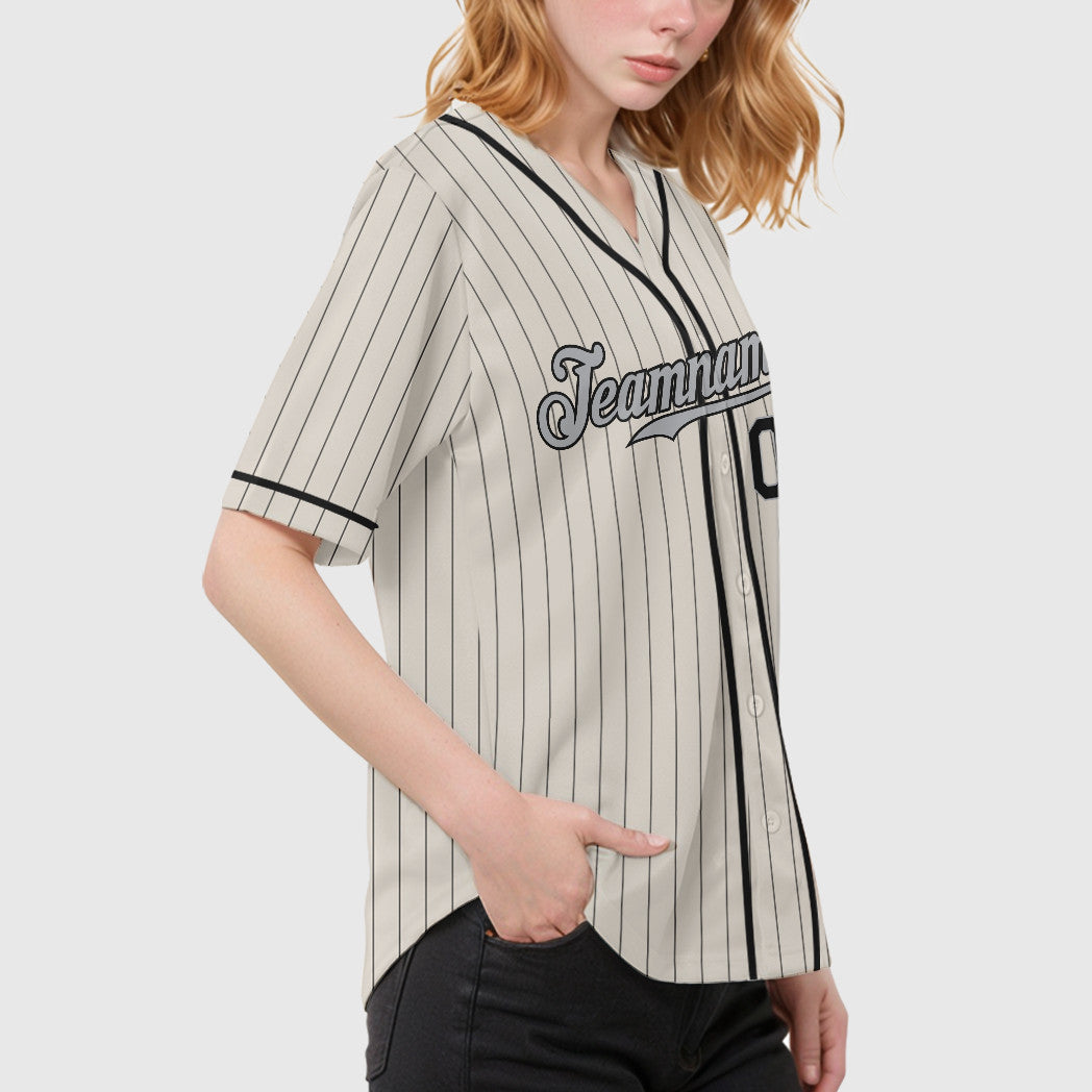 Custom Cream Gray Black Piping Pinstripe Baseball Jersey