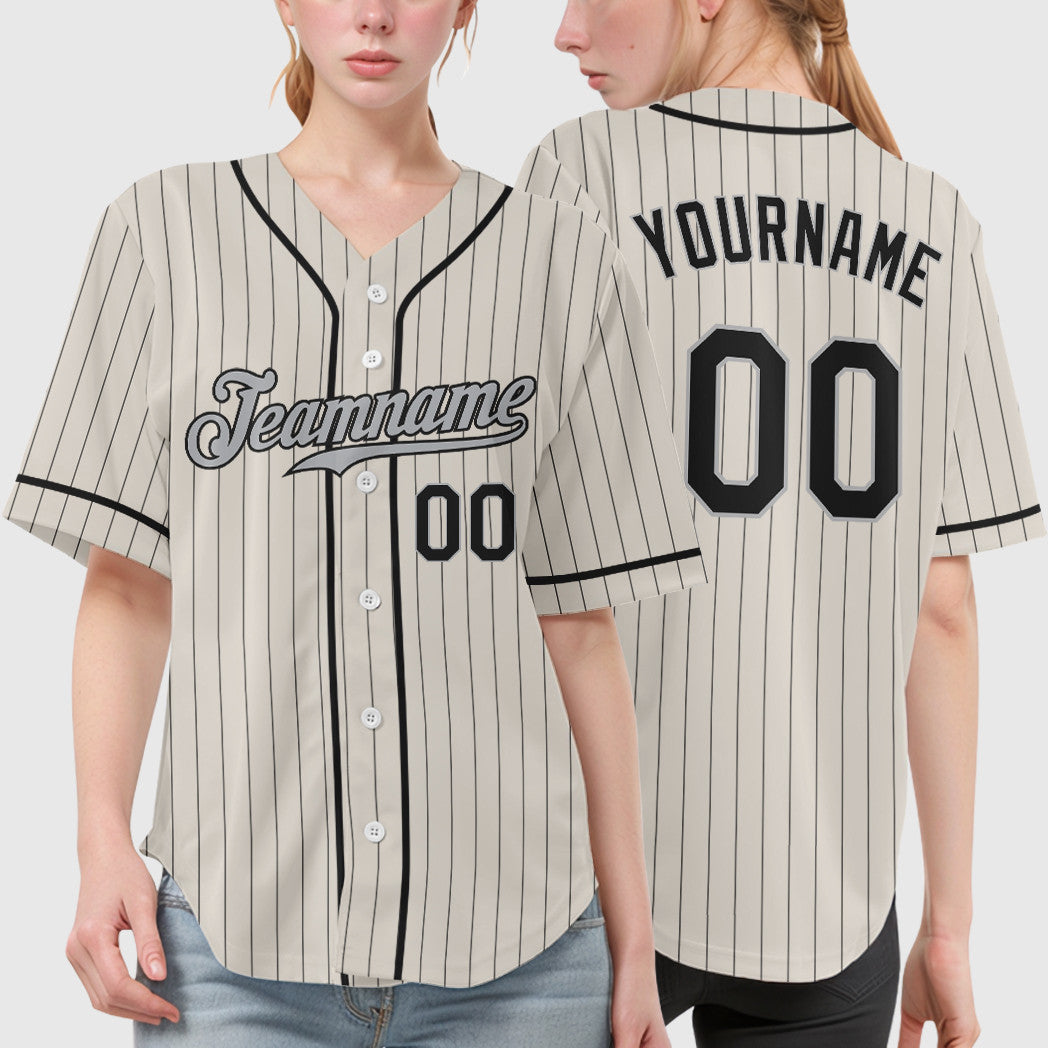 Custom Cream Gray Black Piping Pinstripe Baseball Jersey