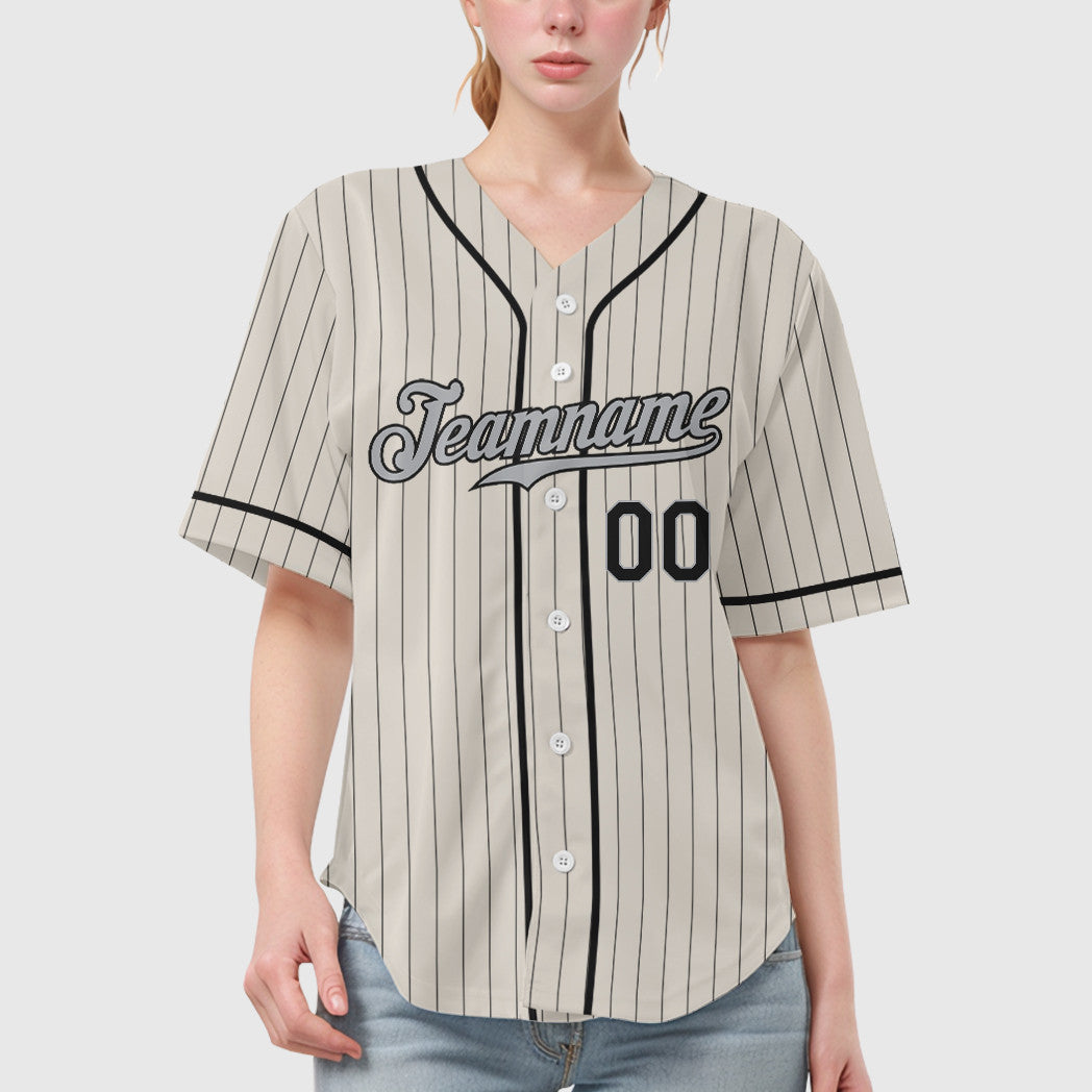 Custom Cream Gray Black Piping Pinstripe Baseball Jersey
