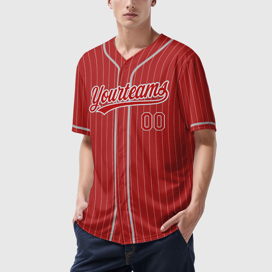 Custom Red White Gray Piping Pinstripe Baseball Jersey