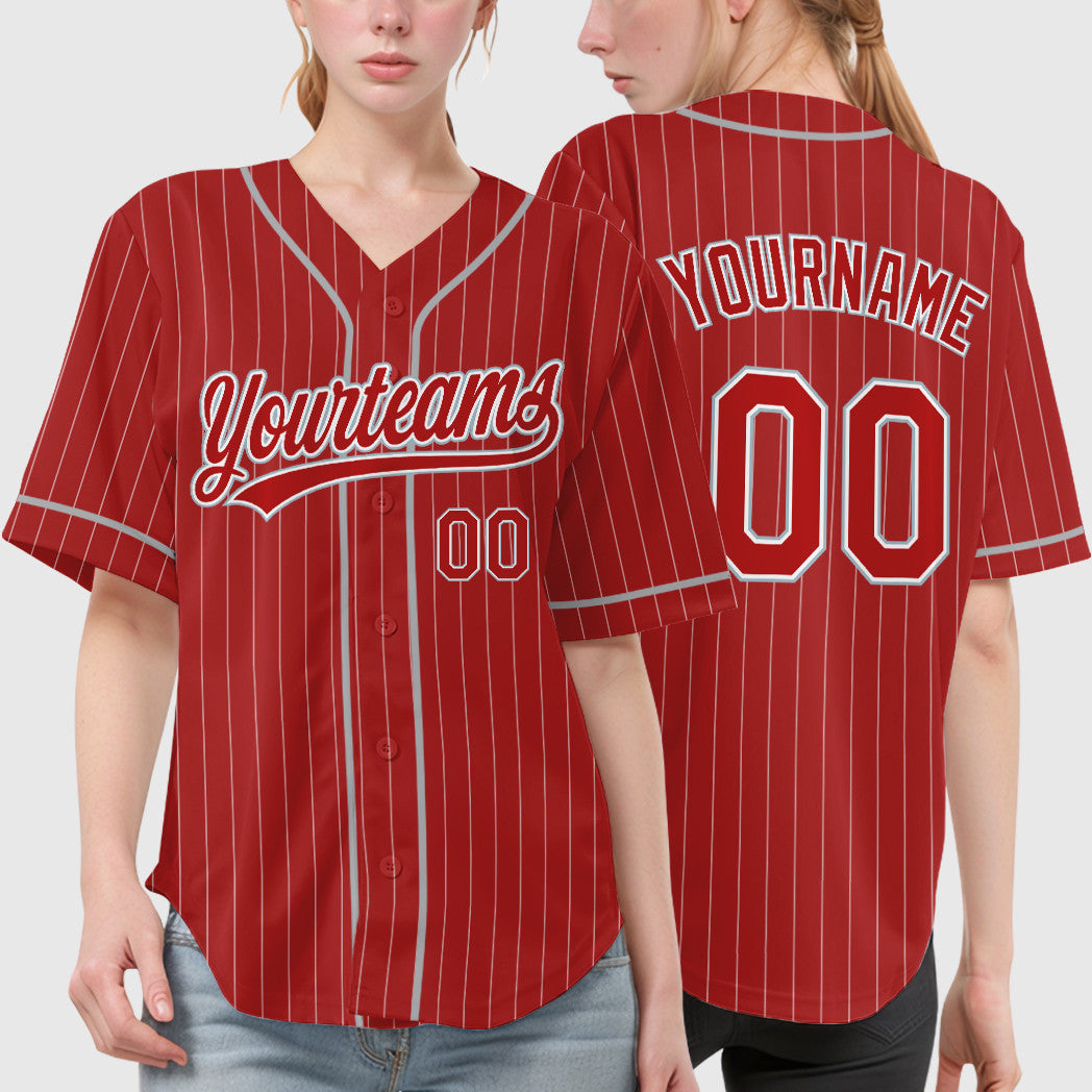 Custom Red White Gray Piping Pinstripe Baseball Jersey