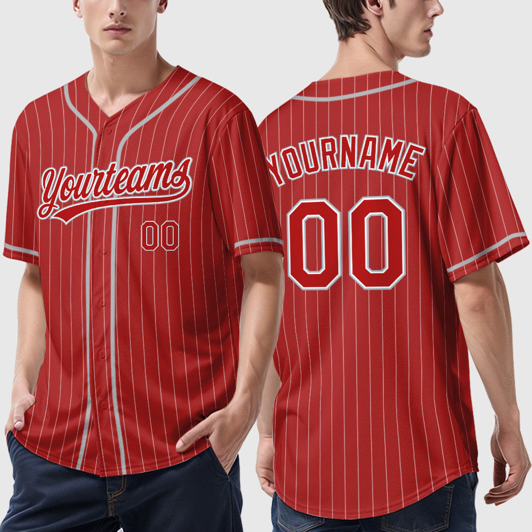 Custom Red White Gray Piping Pinstripe Baseball Jersey