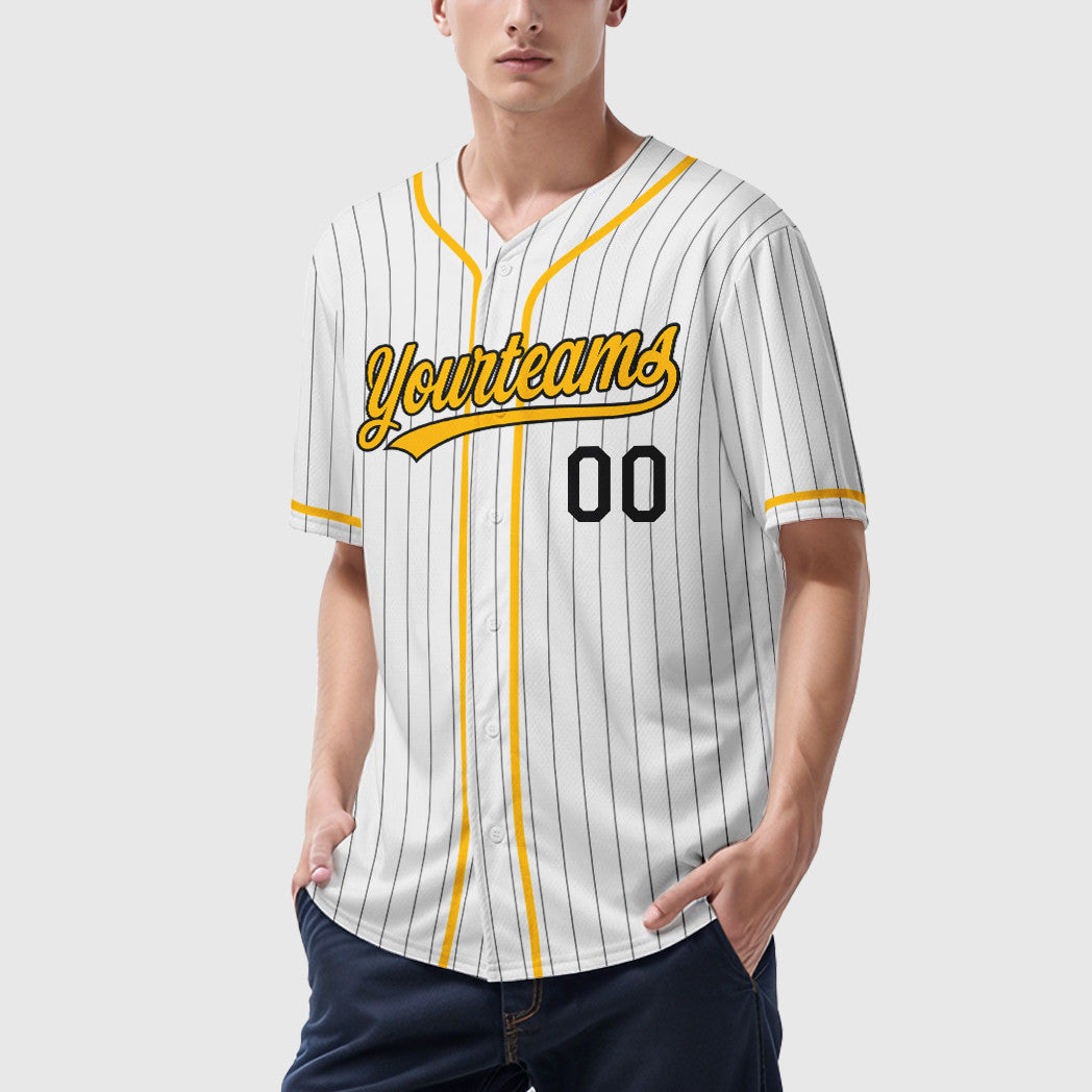 Custom White Black Gold Piping Pinstripe Baseball Jersey