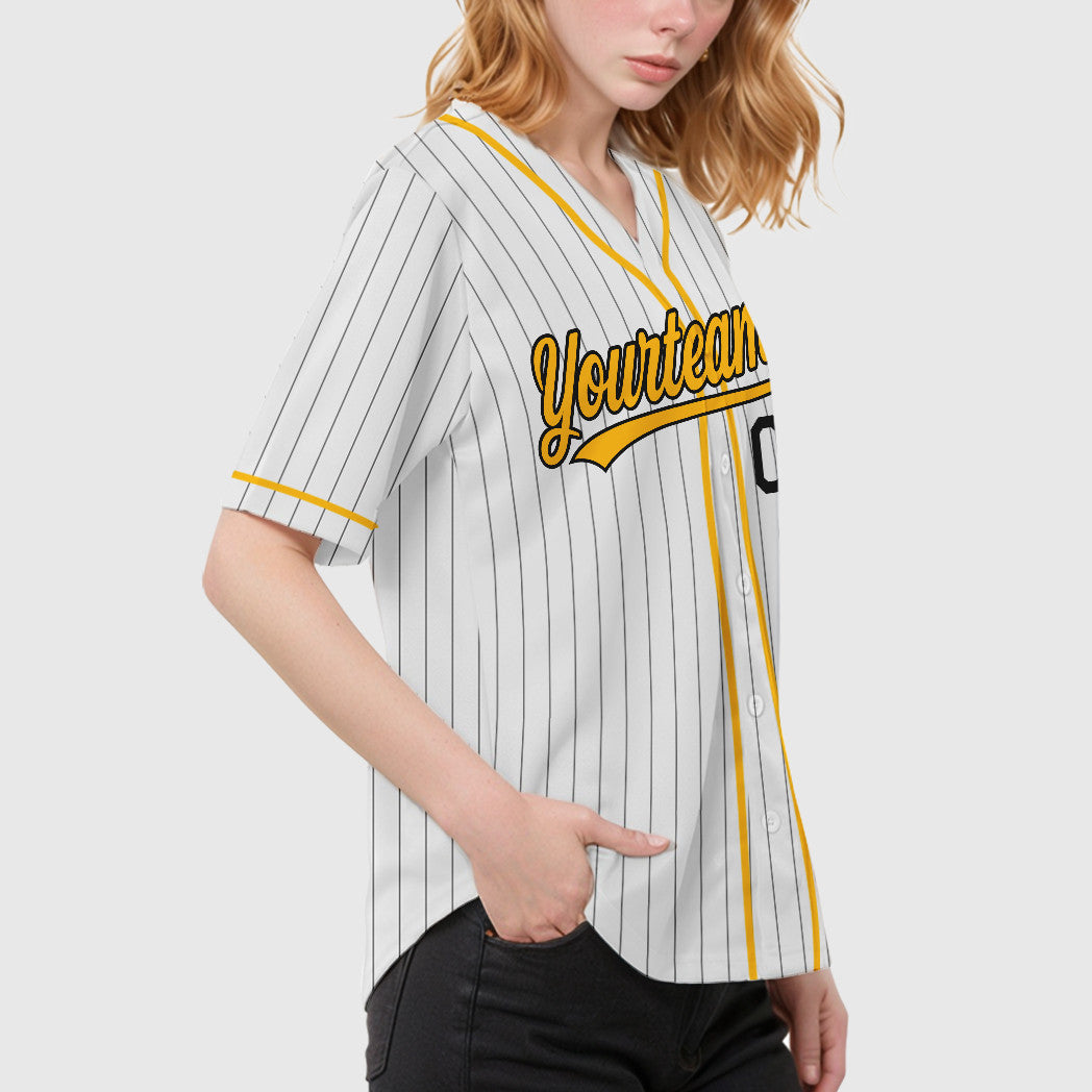 Custom White Black Gold Piping Pinstripe Baseball Jersey