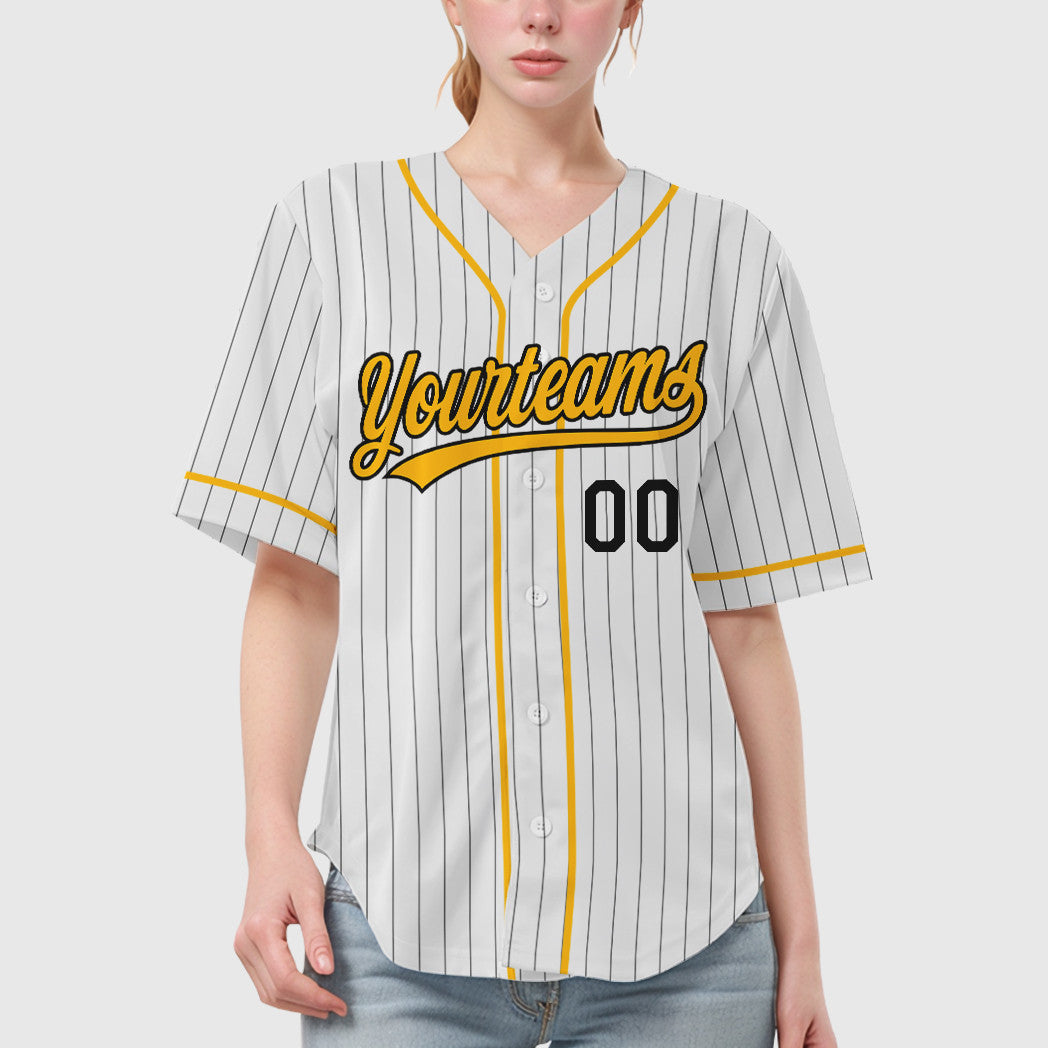 Custom White Black Gold Piping Pinstripe Baseball Jersey