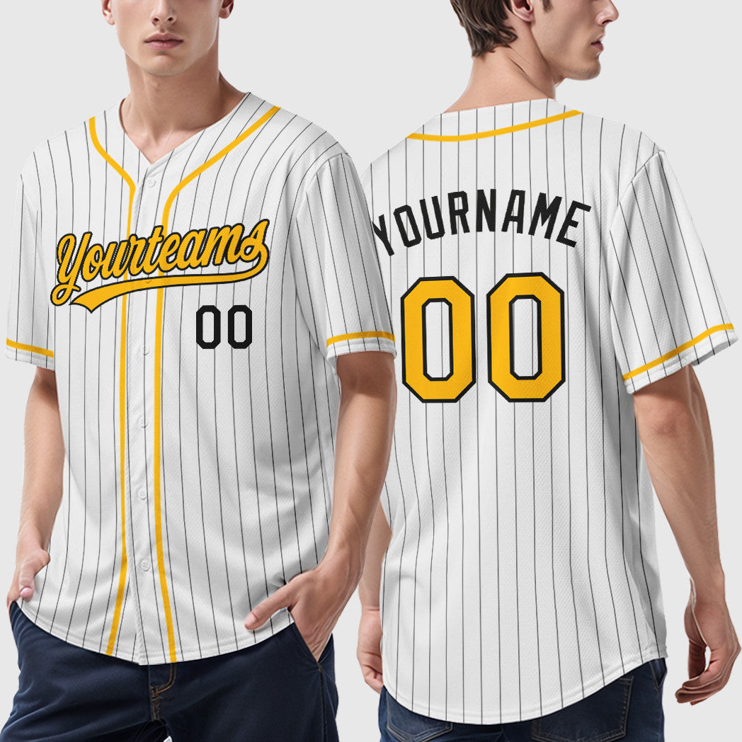 Custom White Black Gold Piping Pinstripe Baseball Jersey