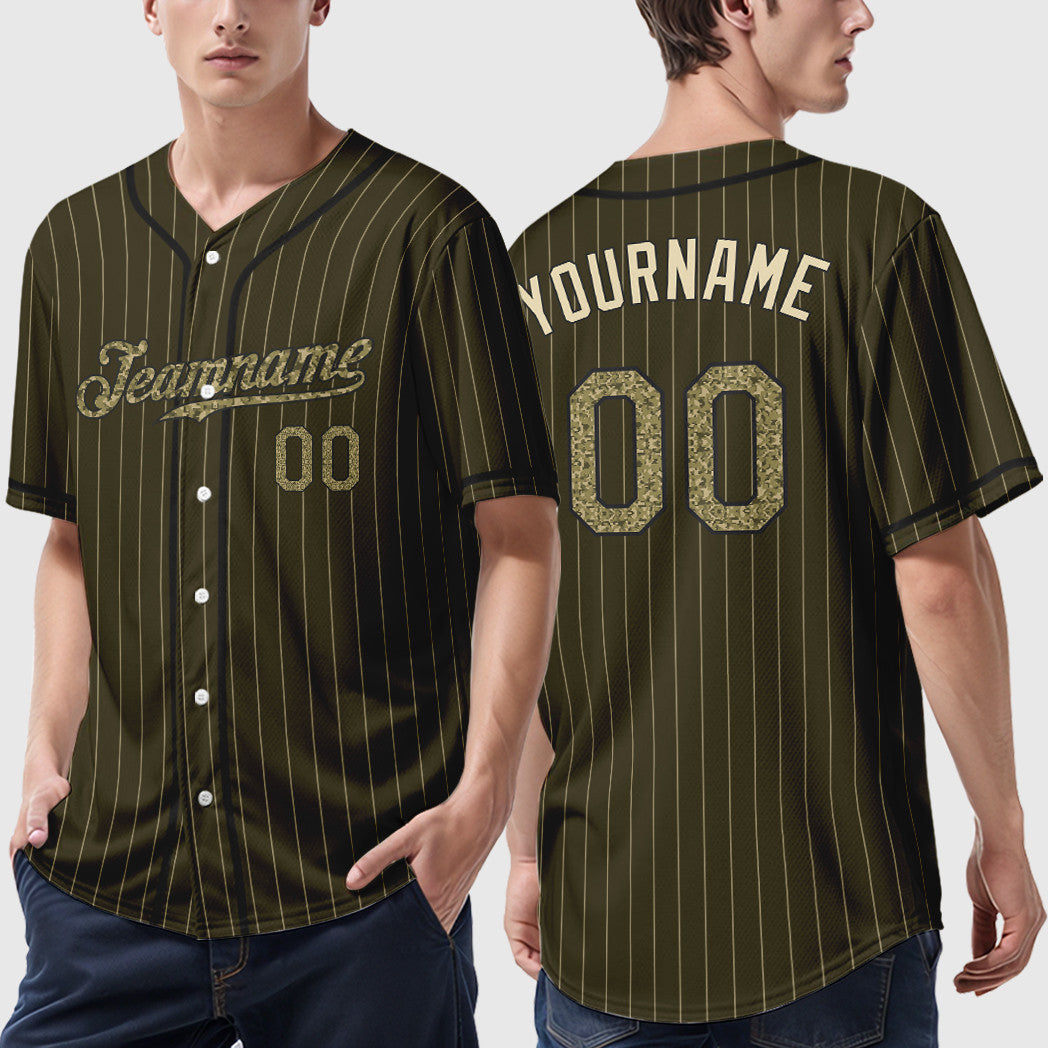 Custom Olive City Cream Camo-Black Piping Pinstripe Salute To Service Baseball Jersey