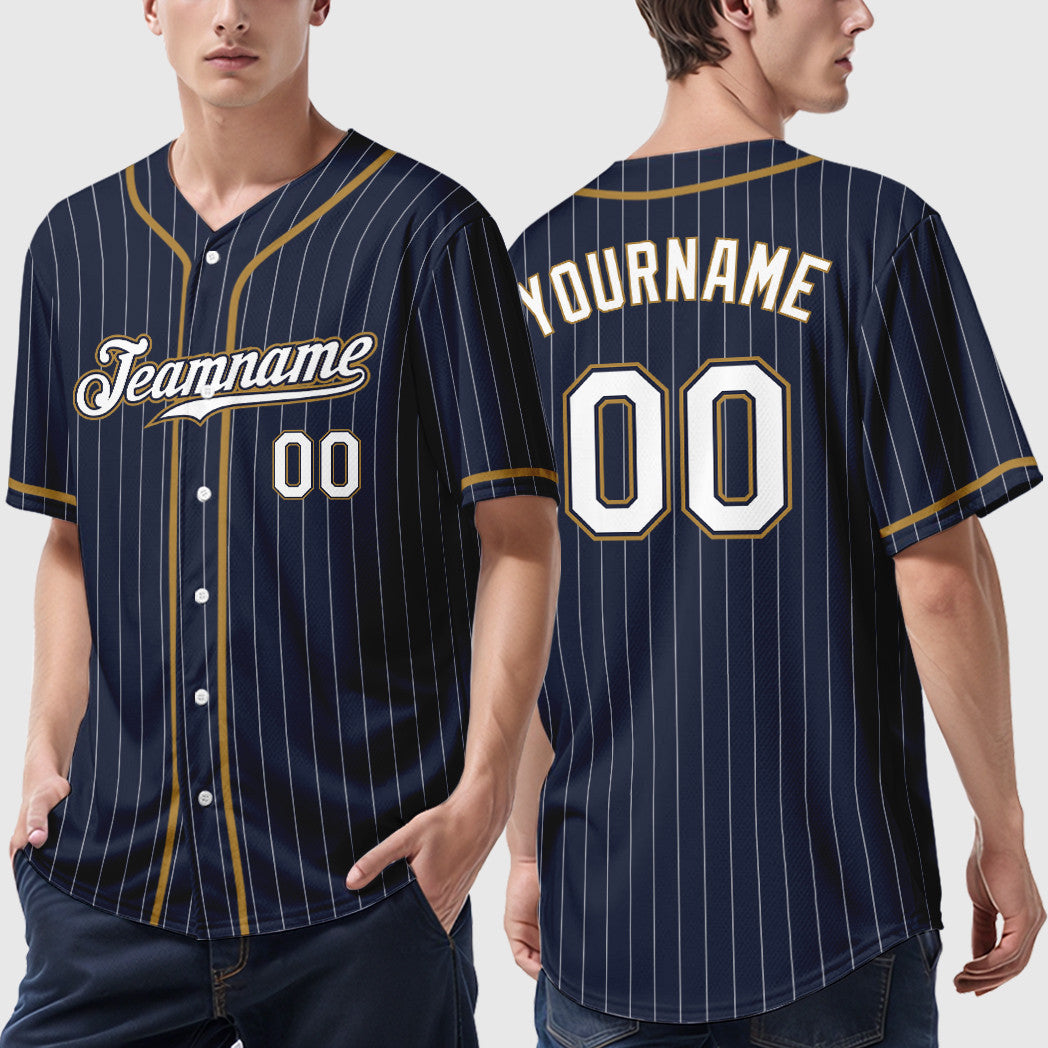 Custom Navy White White-Old Gold Piping Pinstripe Baseball Jersey