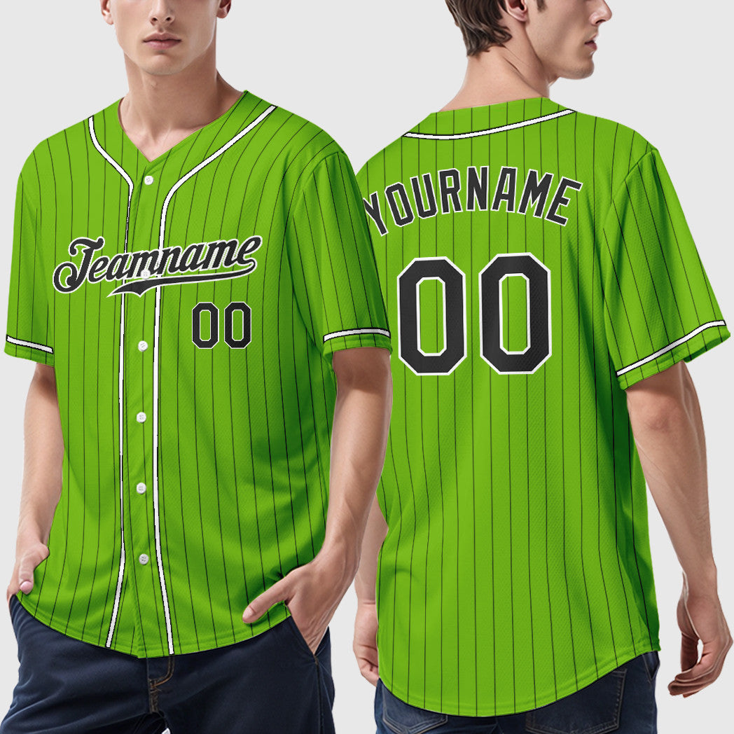 Custom Neon Green Black Black-White Piping Pinstripe Baseball Jersey