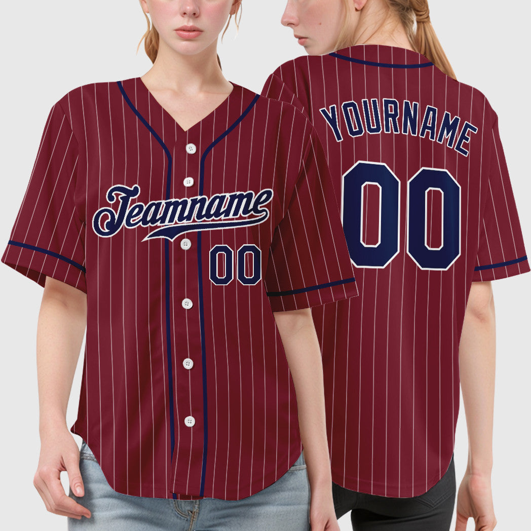 Custom Crimson White Navy Piping Pinstripe Baseball Jersey