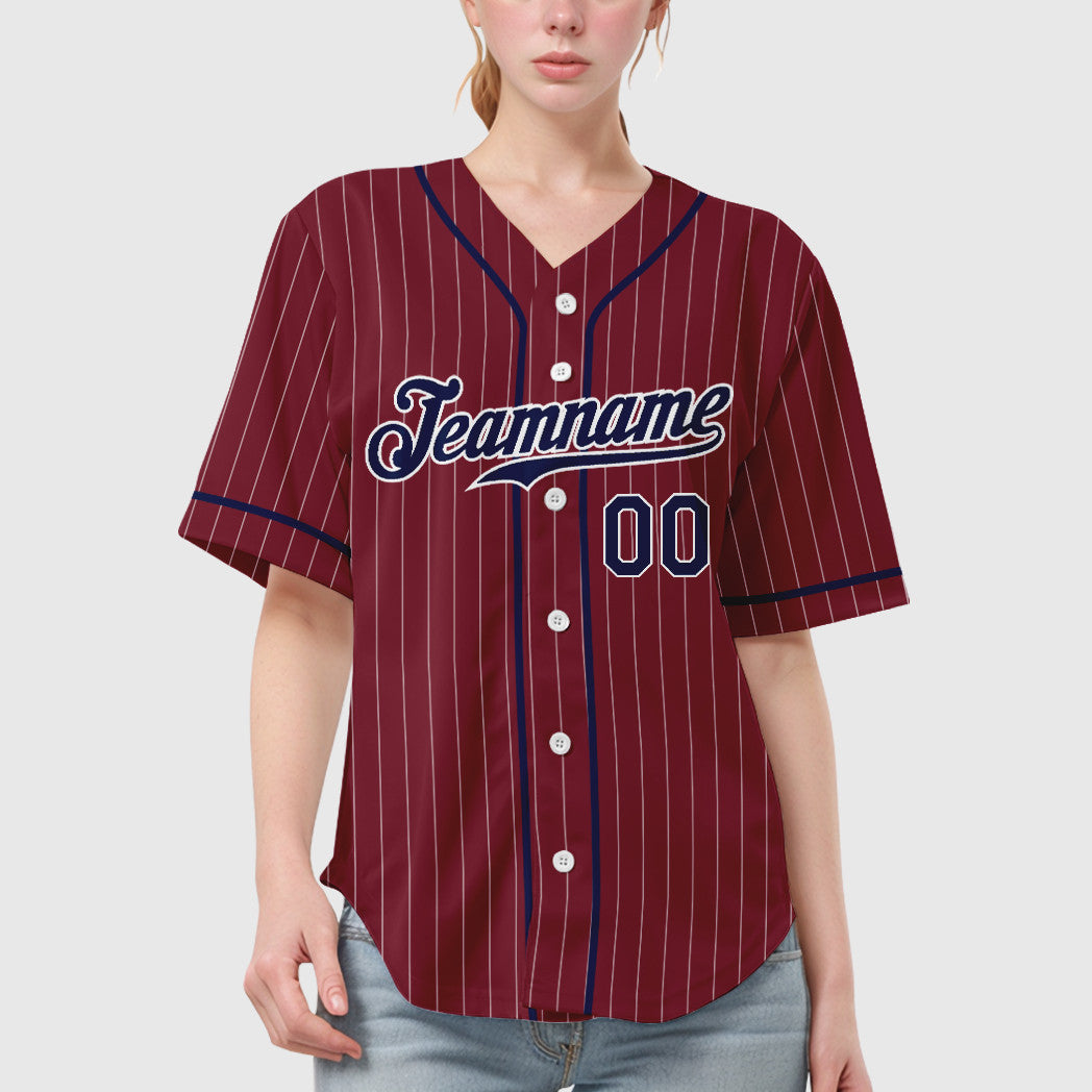 Custom Crimson White Navy Piping Pinstripe Baseball Jersey
