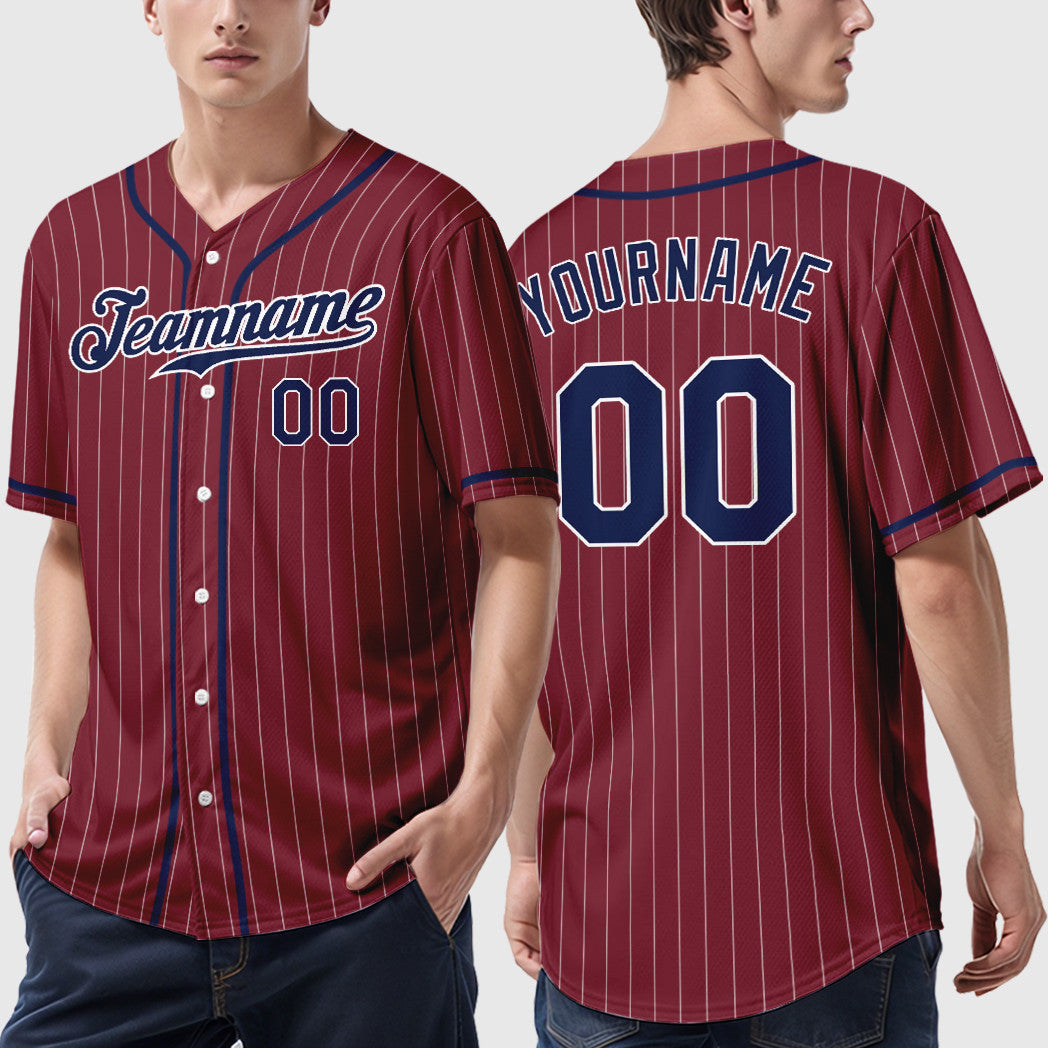 Custom Crimson White Navy Piping Pinstripe Baseball Jersey