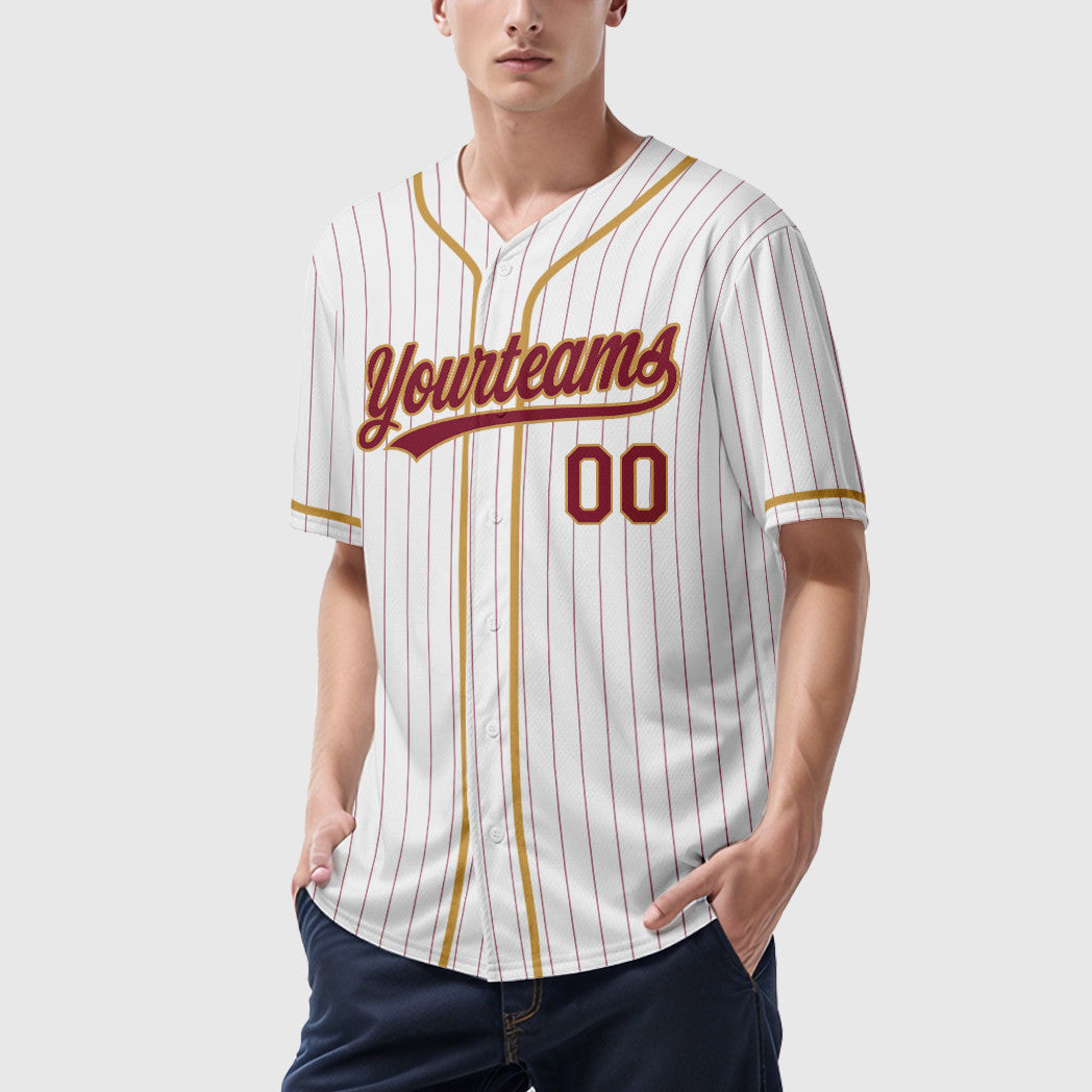 Custom White Crimson Crimson-Old Gold Piping Pinstripe Baseball Jersey