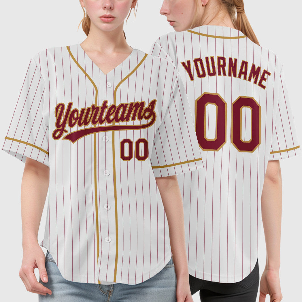 Custom White Crimson Crimson-Old Gold Piping Pinstripe Baseball Jersey