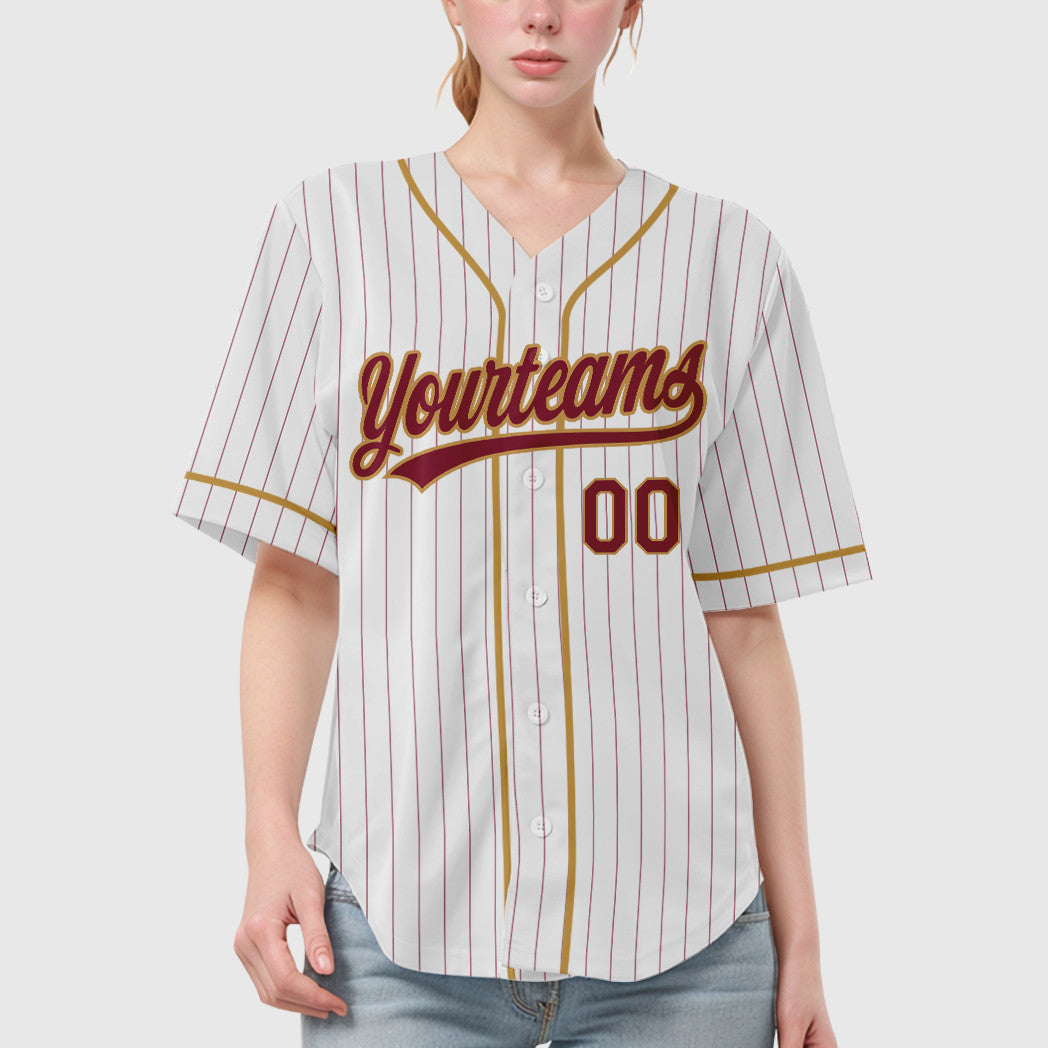 Custom White Crimson Crimson-Old Gold Piping Pinstripe Baseball Jersey