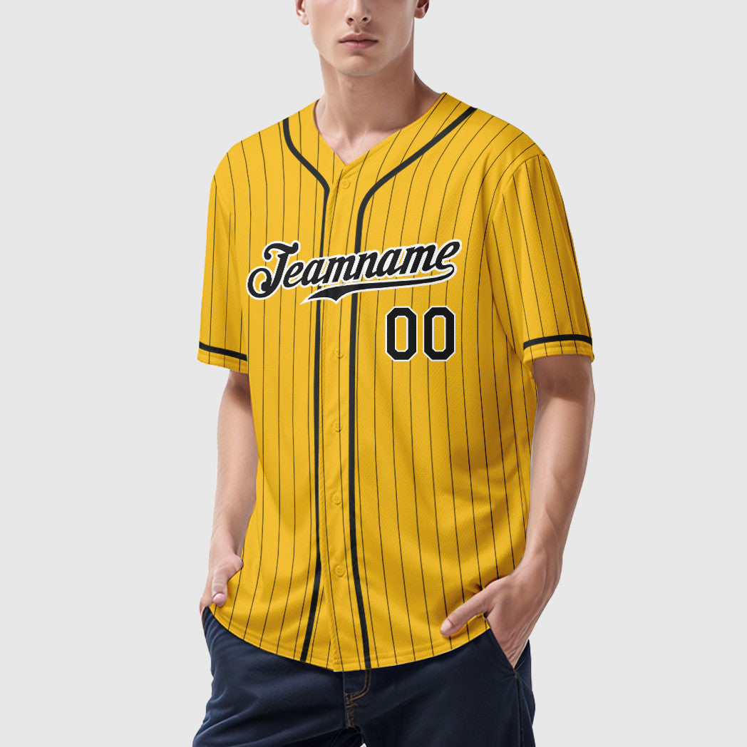Custom Yellow Black Black-White Piping Pinstripe Baseball Jersey