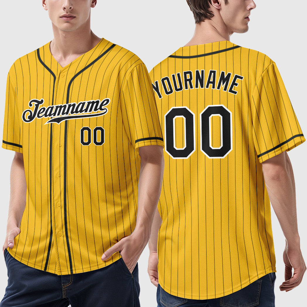 Custom Yellow Black Black-White Piping Pinstripe Baseball Jersey