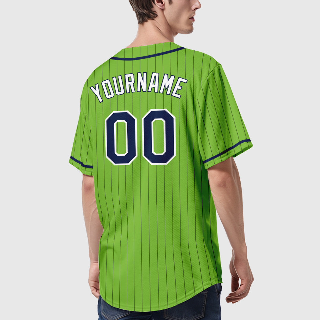 Custom Neon Green Navy Navy-White Piping Pinstripe Baseball Jersey