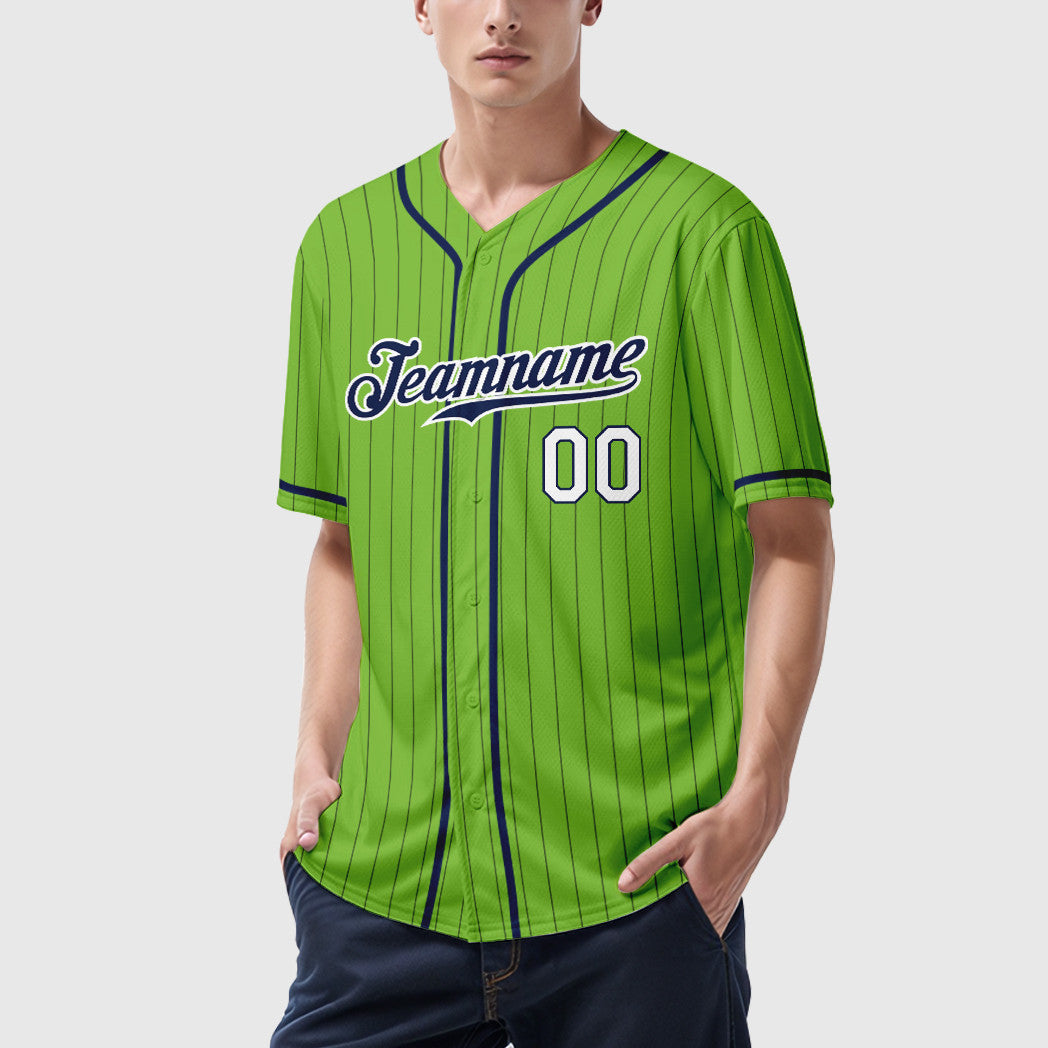 Custom Neon Green Navy Navy-White Piping Pinstripe Baseball Jersey