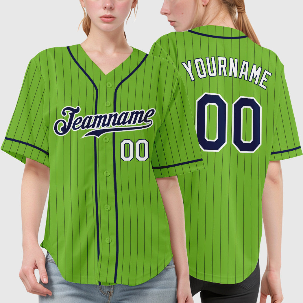 Custom Neon Green Navy Navy-White Piping Pinstripe Baseball Jersey