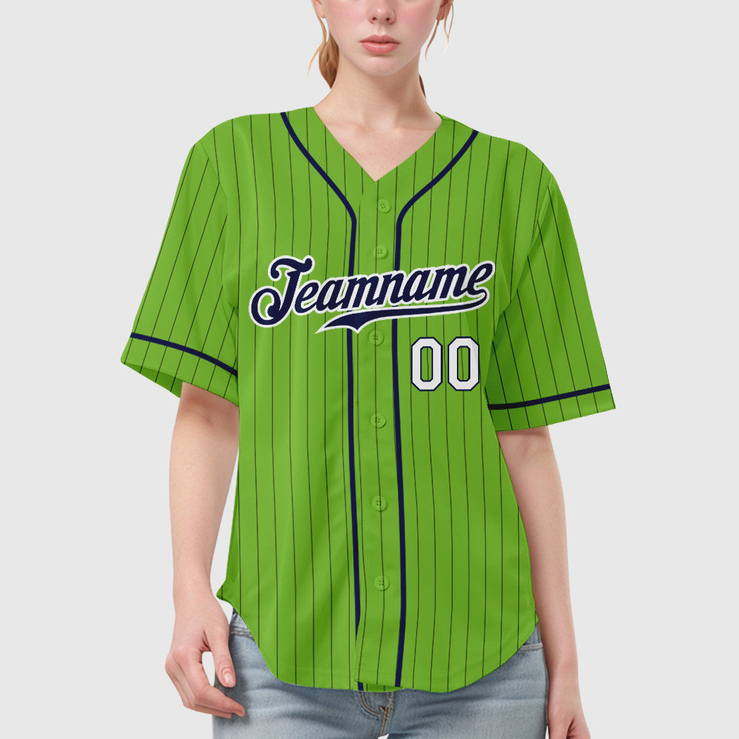 Custom Neon Green Navy Navy-White Piping Pinstripe Baseball Jersey