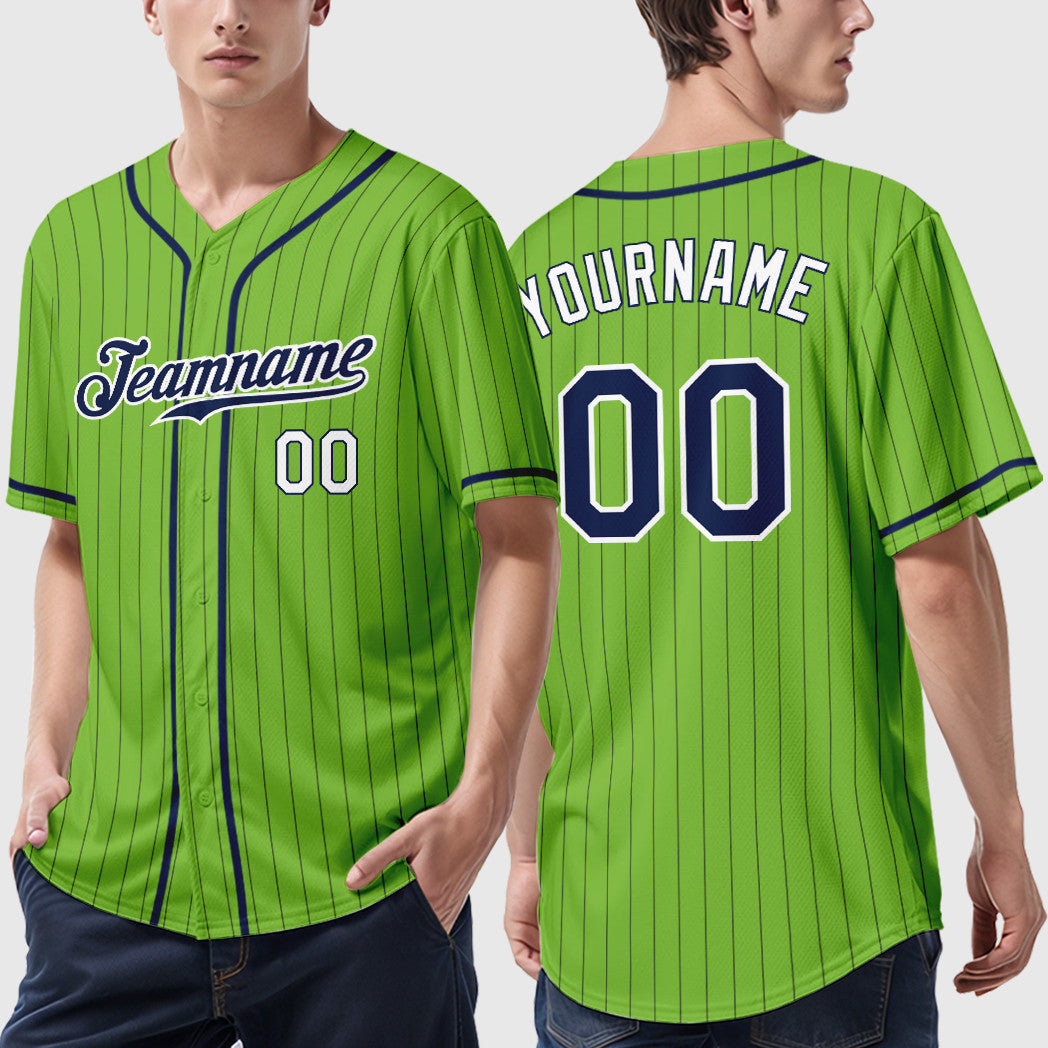 Custom Neon Green Navy Navy-White Piping Pinstripe Baseball Jersey