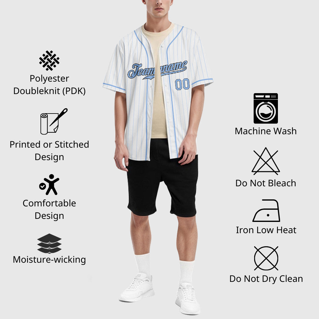 Custom White Light Blue Steel Gray Piping Pinstripe Baseball Jersey