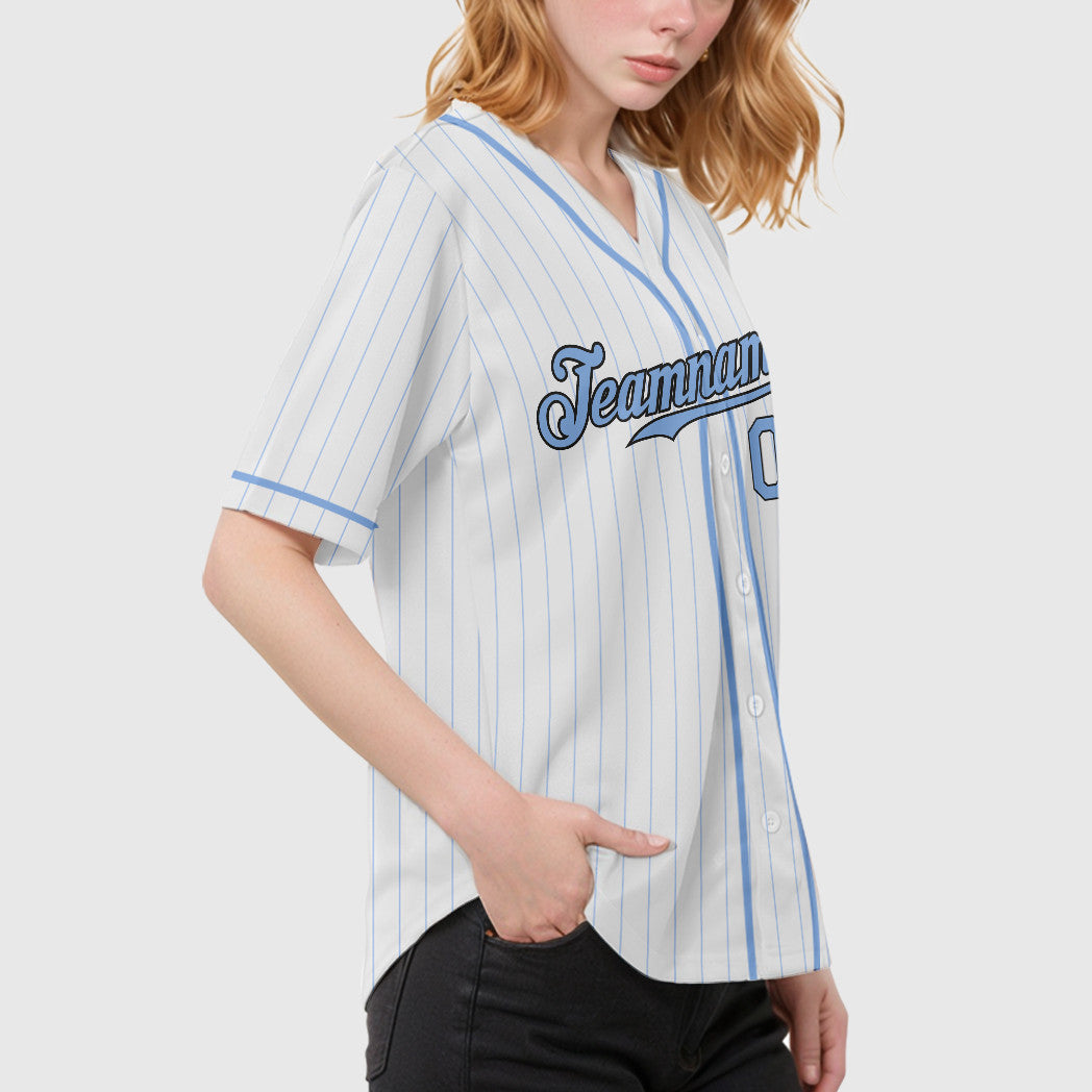 Custom White Light Blue Steel Gray Piping Pinstripe Baseball Jersey