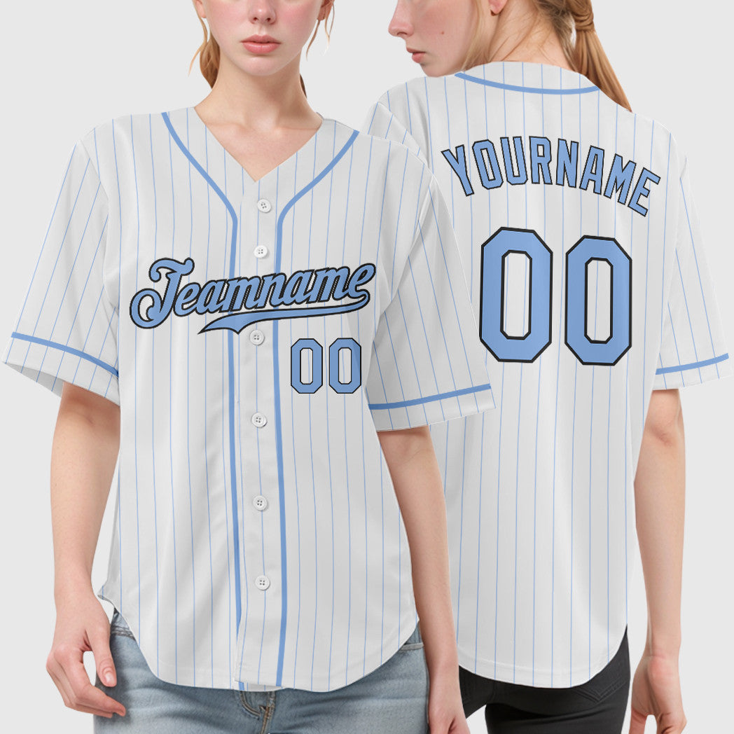 Custom White Light Blue Steel Gray Piping Pinstripe Baseball Jersey