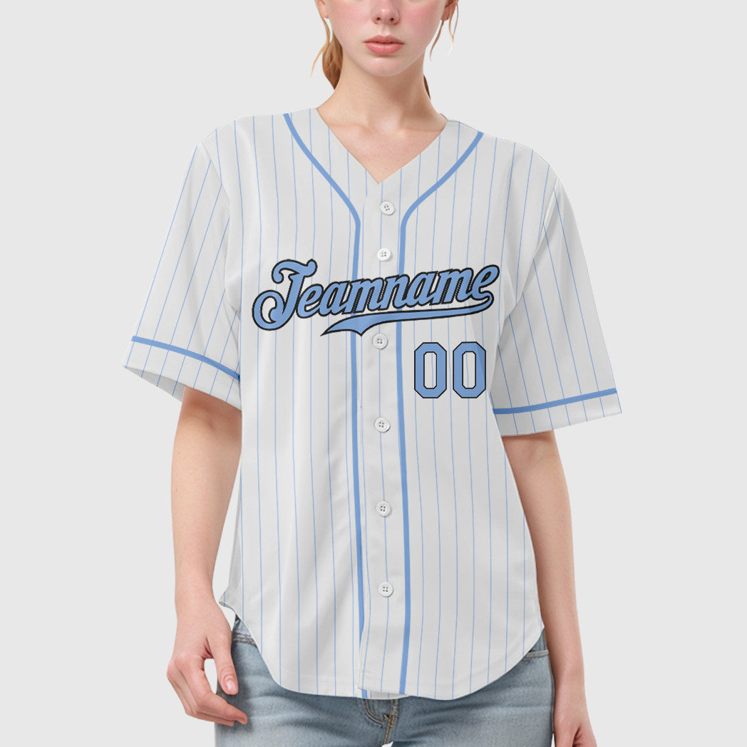 Custom White Light Blue Steel Gray Piping Pinstripe Baseball Jersey
