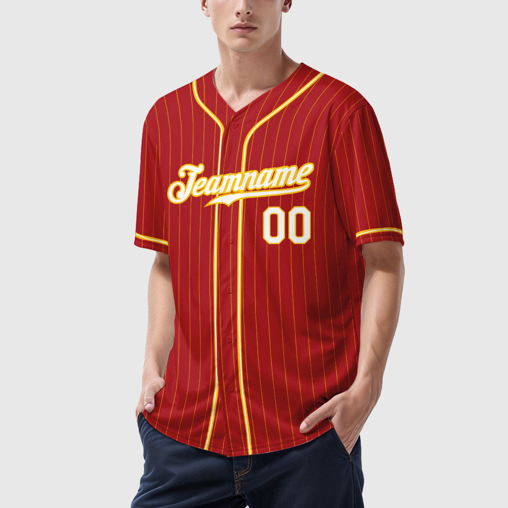 Custom Red Gold White-Gold Piping Pinstripe Baseball Jersey